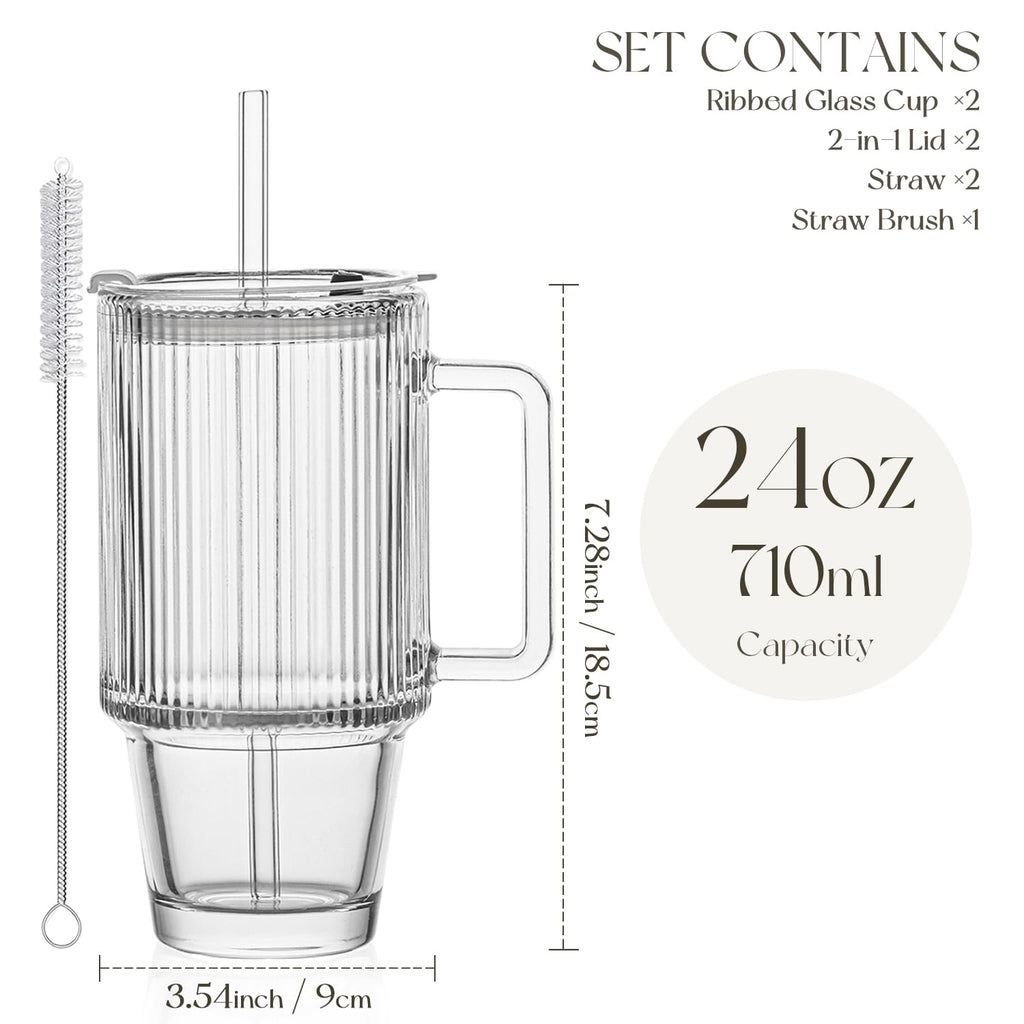 KEMORELA 24oz Ribbed Glass Cups with Lids and Straws,Glass Tumbler with Handle,2 set–Reusable Glass Ice Coffee Cups with Lid and Straw for Smoothies,Tea,Juice,Boba Cup for Cold & Hot Drinks,Travel Cup