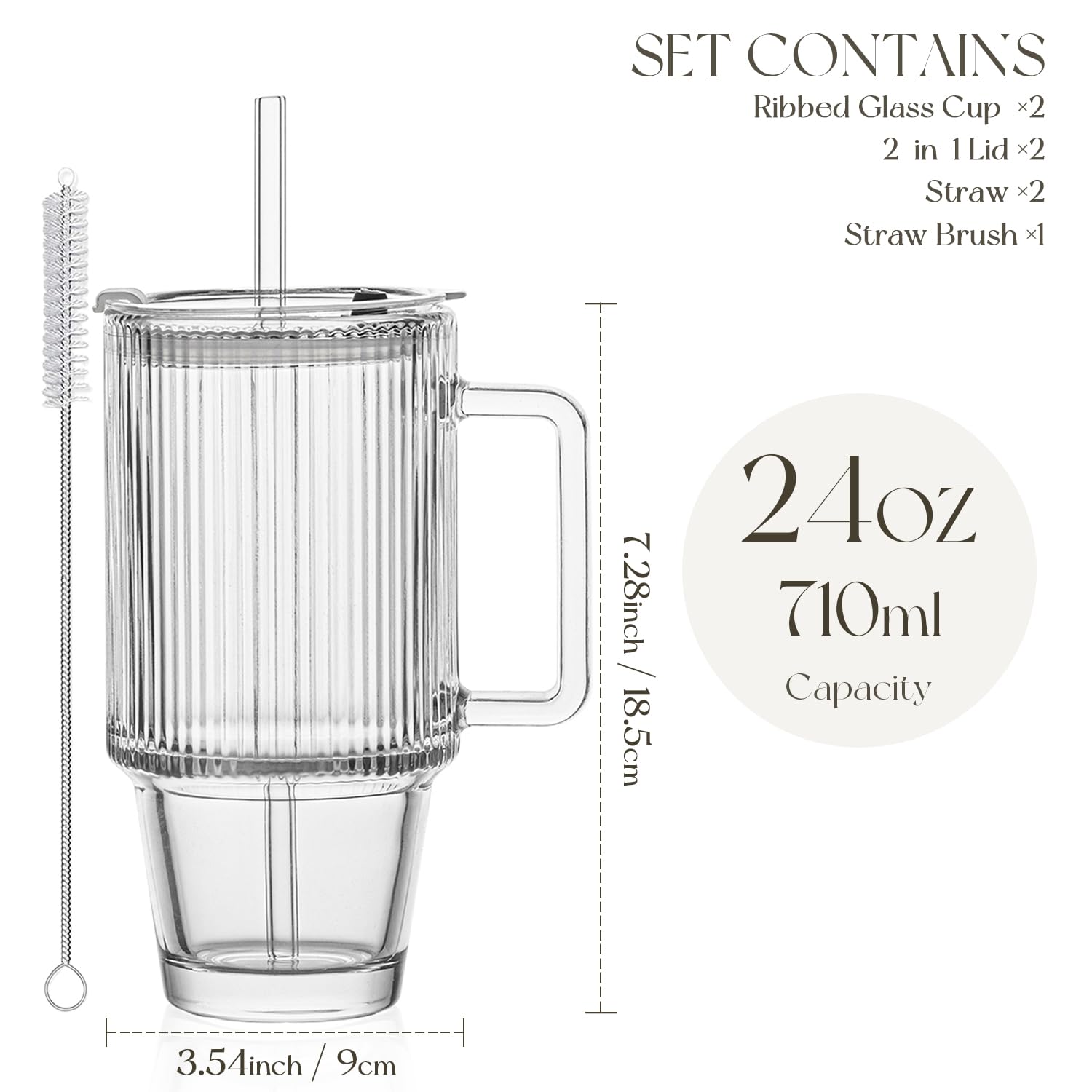 KEMORELA 24oz Ribbed Glass Cups with Lids and Straws,Glass Tumbler with Handle,2 set–Reusable Glass Ice Coffee Cups with Lid and Straw for Smoothies,Tea,Juice,Boba Cup for Cold & Hot Drinks,Travel Cup
