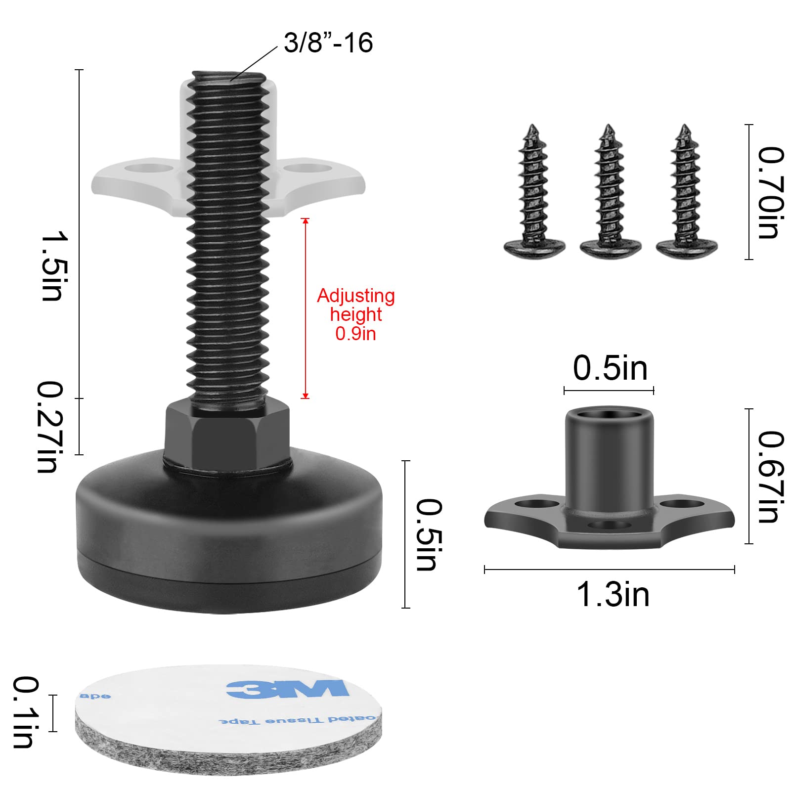 Adjustable Leveling Feet Furniture Levelers Table Feet Heavy Duty Leg Levelers for Cabinets Sofa Tables Chairs,Support 1320LBs, T-Nut Kit 3/8”-16 Thread, Large Base- 4 Pack, Black