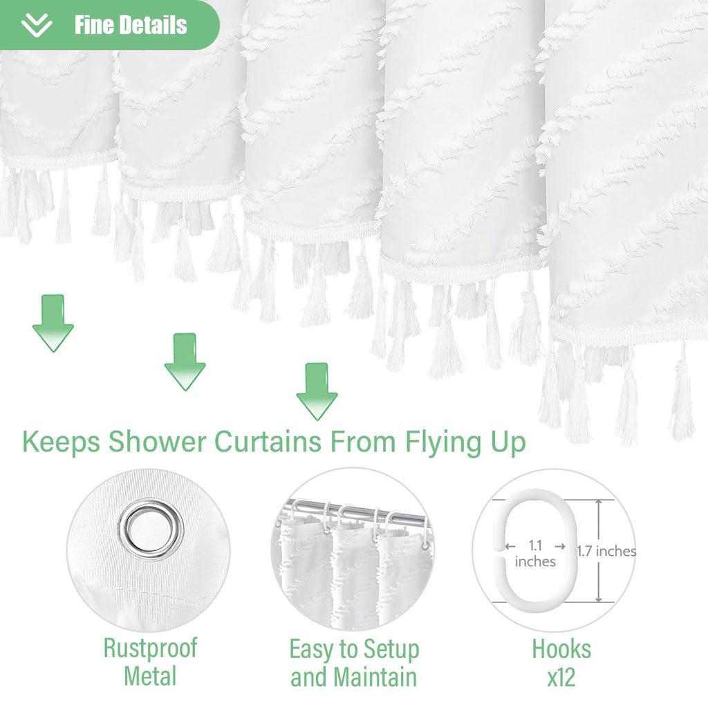 Dynamene Boho Farmhouse Shower Curtain, White Fabric Tufted Chevron Striped Textured Tassel Shower Curtains for Bathroom, Water Repellent, Minimalist Ruffled Cloth Shower Curtain Set with Hook, 72x72