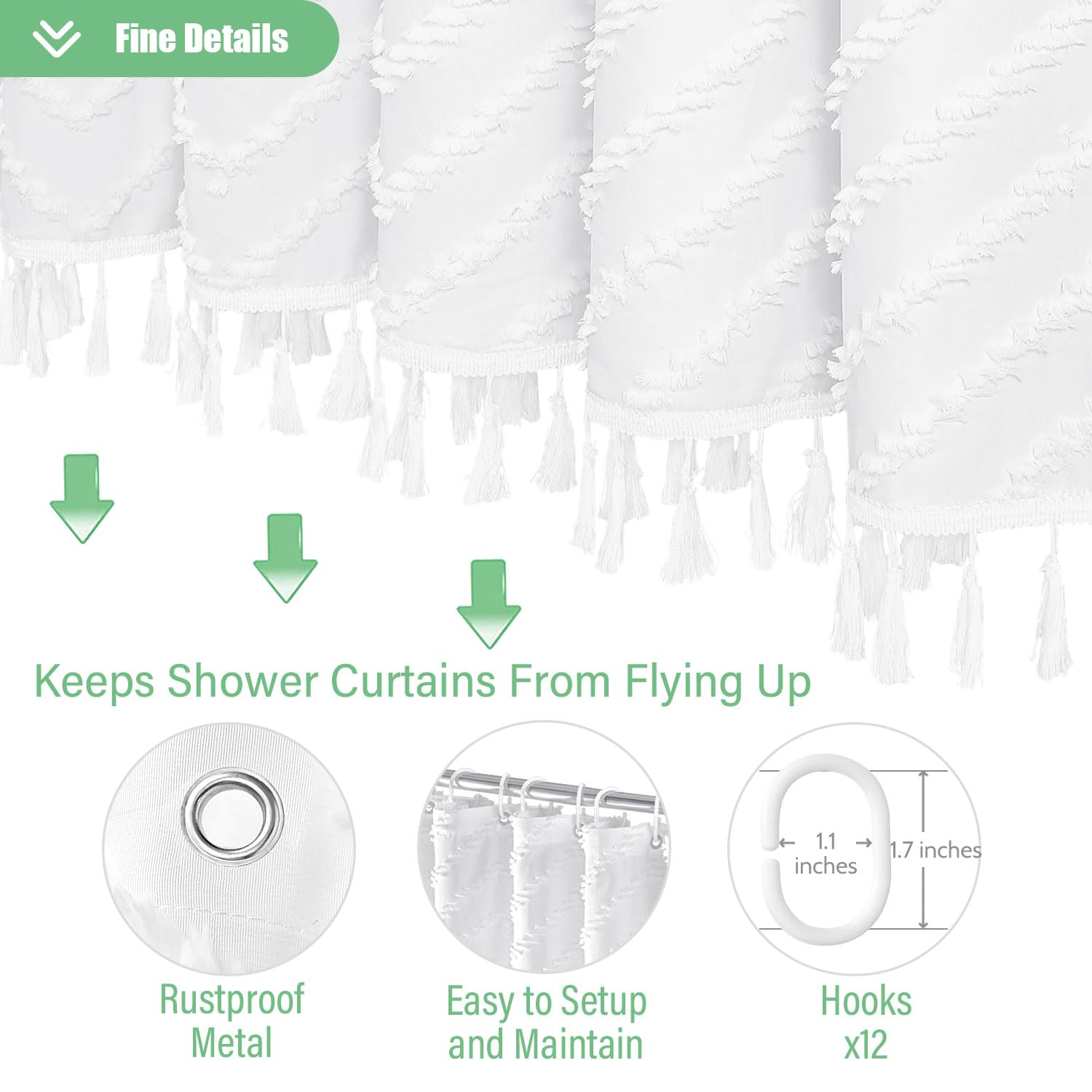 Dynamene Boho Farmhouse Shower Curtain, White Fabric Tufted Chevron Striped Textured Tassel Shower Curtains for Bathroom, Water Repellent, Minimalist Ruffled Cloth Shower Curtain Set with Hook, 72x72