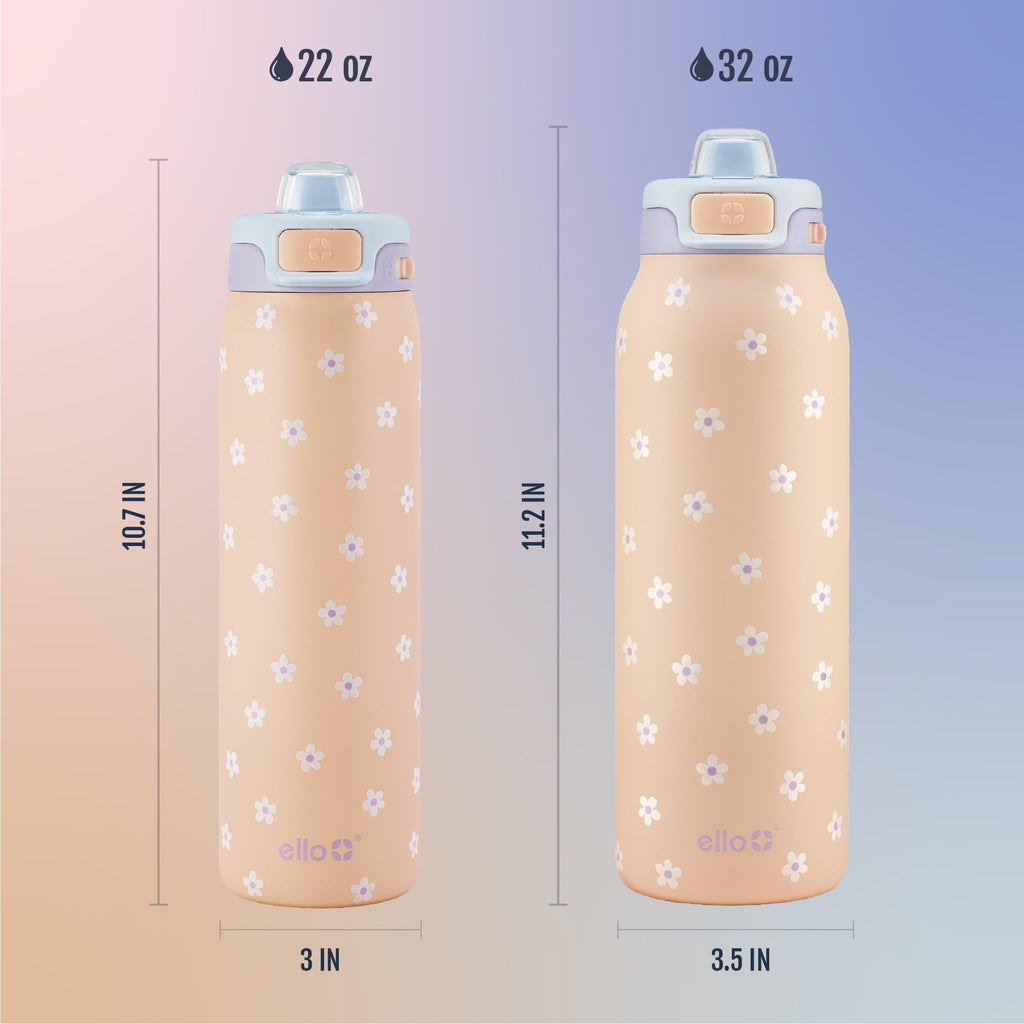 Ello Pop & Fill 32oz Stainless Steel Water Bottle with QuickFill Technology, Double Walled and Vacuum Insulated Metal, Leak Proof Locking Lid, Straw and Chug, Reusable, BPA Free, Gloss Daisies