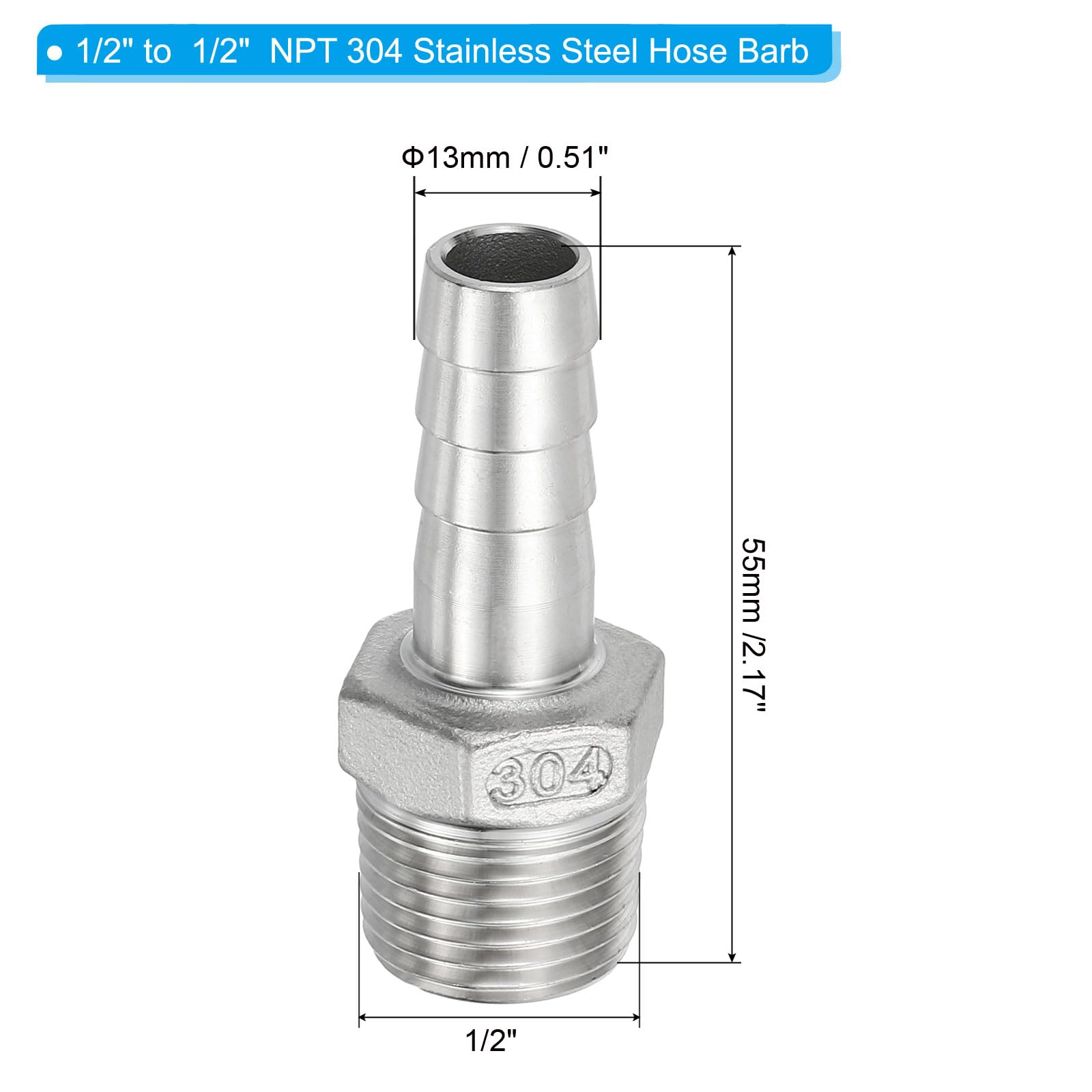 PATIKIL 304 Stainless Steel Barb Hose Fitting, 2 Pack 1/2" Hose Barb x 1/2" NPT Thread Pipe Connector Adapter Quick Fittings for Bore Air Water Connecting