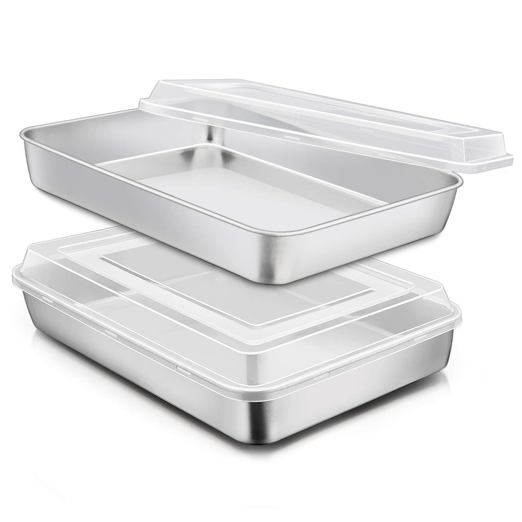 Stainless Steel Baking Pan with Lid, E-far 12⅓ x 9¾ x 2 Inch Rectangle Sheet Cake Pans with Covers Bakeware for Cakes Brownies Casseroles, Non-Toxic & Healthy, Heavy Duty & Dishwasher Safe - Set of 2