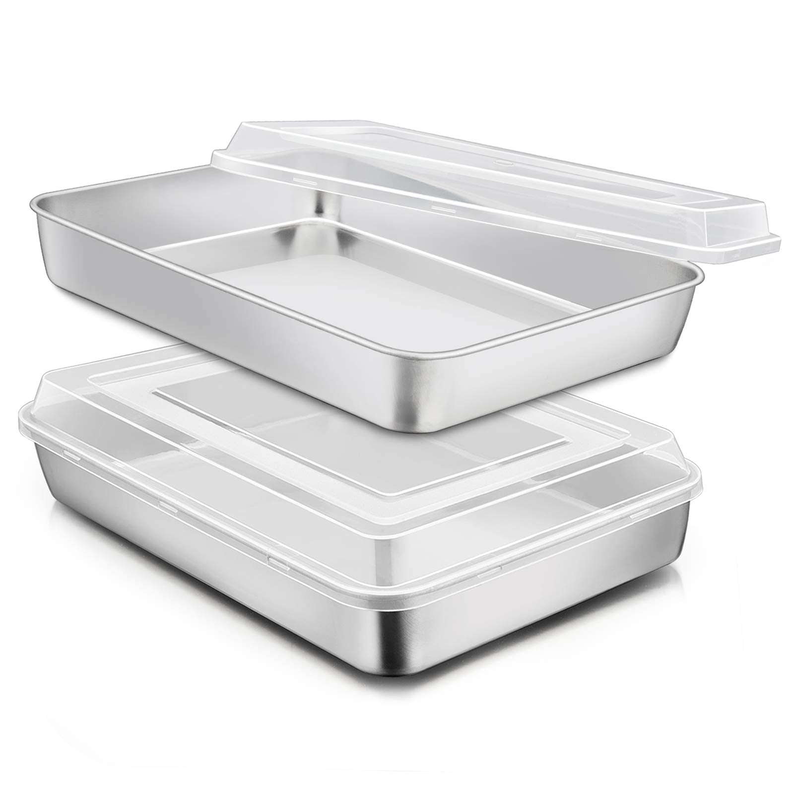 Stainless Steel Baking Pan with Lid, E-far 12⅓ x 9¾ x 2 Inch Rectangle Sheet Cake Pans with Covers Bakeware for Cakes Brownies Casseroles, Non-Toxic & Healthy, Heavy Duty & Dishwasher Safe - Set of 2