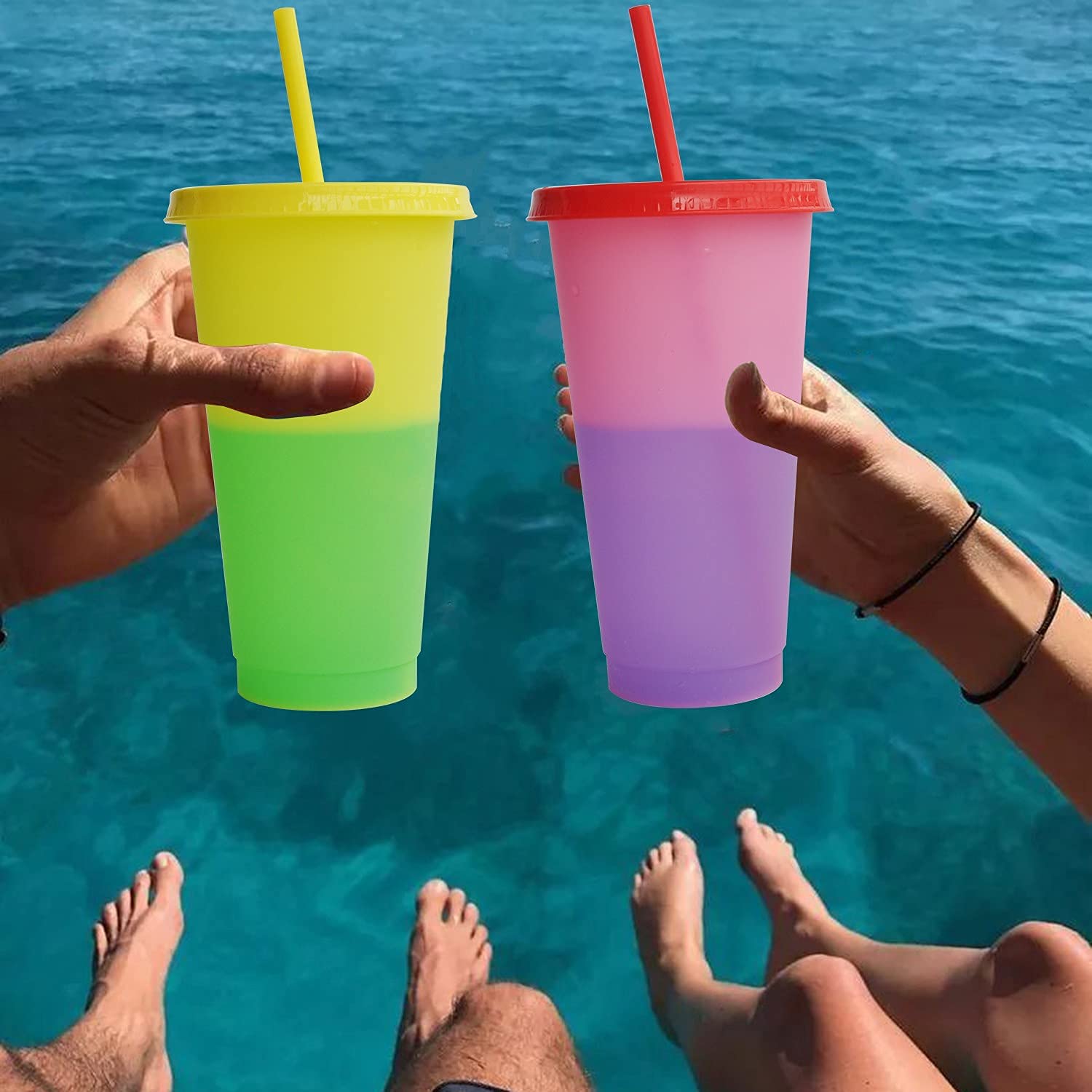 Alohastarttg Color Changing Cups, 5 Pack 24oz Plastic Tumblers, Reusable Iced Coffee & Smoothie Cups with Lids and Straws for Parties and Travel