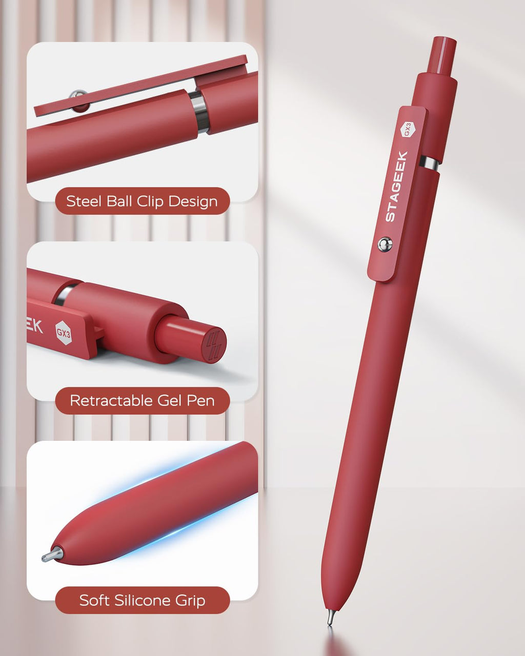 STAGEEK Red Gel Pens GX3, 6Pcs Quick Dry Red Ink Pens with 3 Extra Refills, Fine Point Retractable Smooth Writing Pens for Journaling, Note Taking, School Supplies, Nurse Aesthetic, Office(Red)