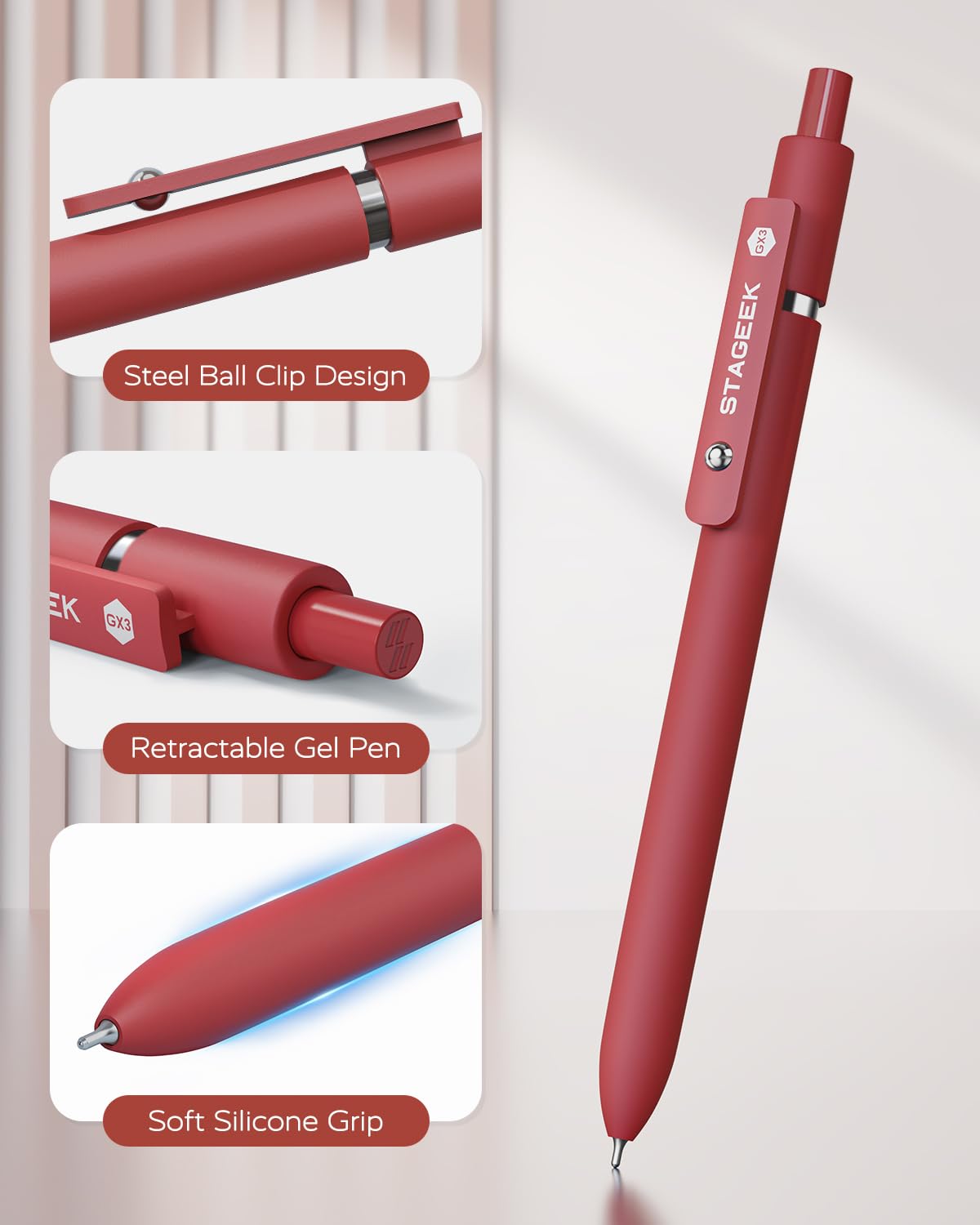 STAGEEK Red Gel Pens GX3, 6Pcs Quick Dry Red Ink Pens with 3 Extra Refills, Fine Point Retractable Smooth Writing Pens for Journaling, Note Taking, School Supplies, Nurse Aesthetic, Office(Red)
