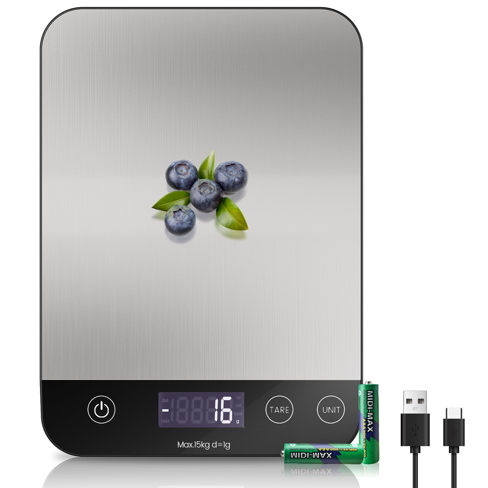 【Rechargeable & 33lb 】 Digital Kitchen Scale, USB C Electronic Kitchen Scale, 15 kg, High Precision 1 g/0.1 oz Food Scale, Professional with Hard Function, Batteries Included (B1)