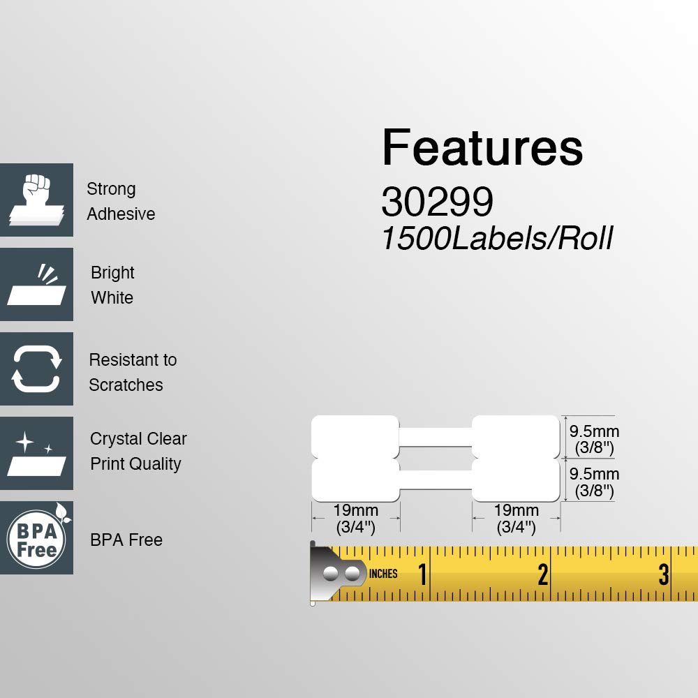 BETCKEY - Barbell Style Jewelry/Price Tag Labels Replace for DYMO 30299 (3/8" x 3/4") - Compatible with DYMO Labelwriter 450, 4XL & Zebra Desktop Printers [2 Rolls/3000 Labels]