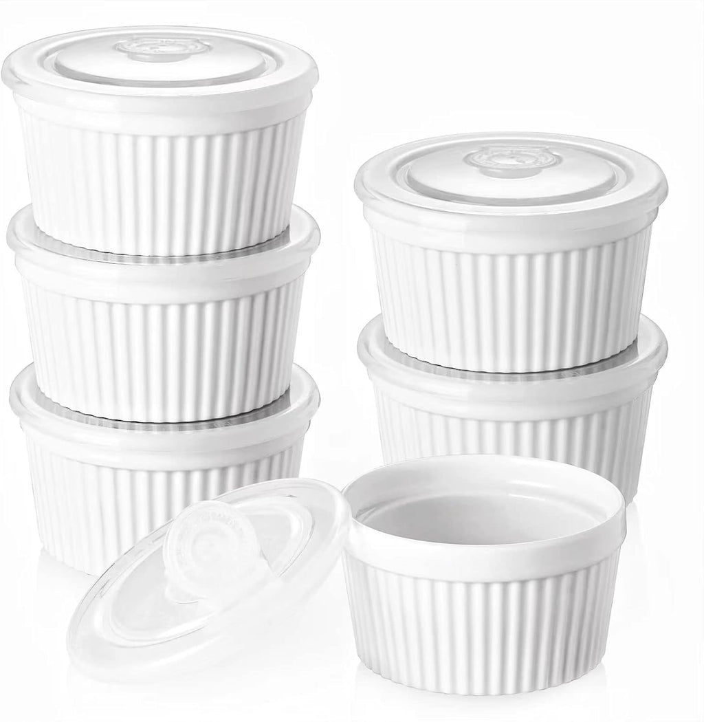 DOWAN Ramekins 8 oz Oven Safe with Lids, Creme brulee Souffle Ramekins with Covers, Porcelain White Ramekins for Baking, Stackable, Set of 6