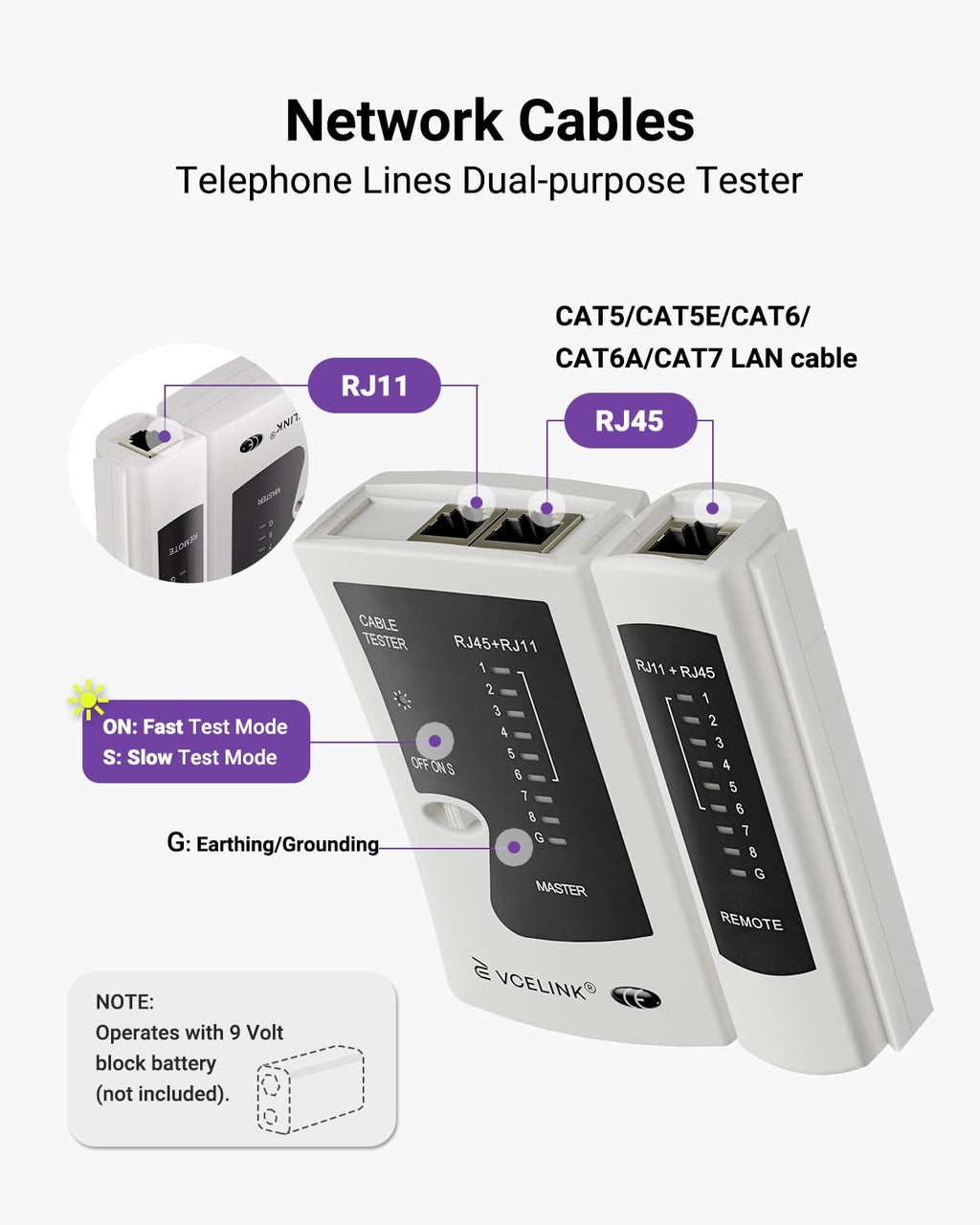 VCELINK Network Cable Tester, RJ45 Ethernet Cable Tester for Cat6/Cat5/Cat7 LAN Cable & RJ11 Phone Cable