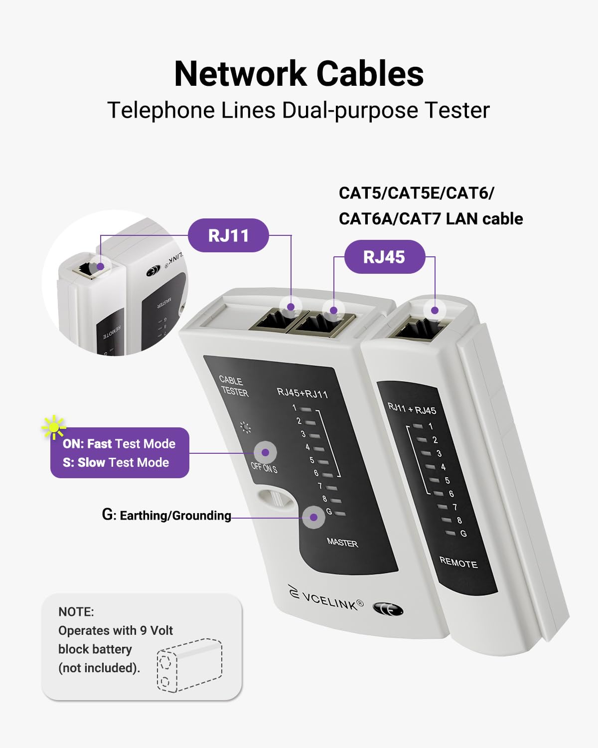 VCELINK Network Cable Tester, RJ45 Ethernet Cable Tester for Cat6/Cat5/Cat7 LAN Cable & RJ11 Phone Cable