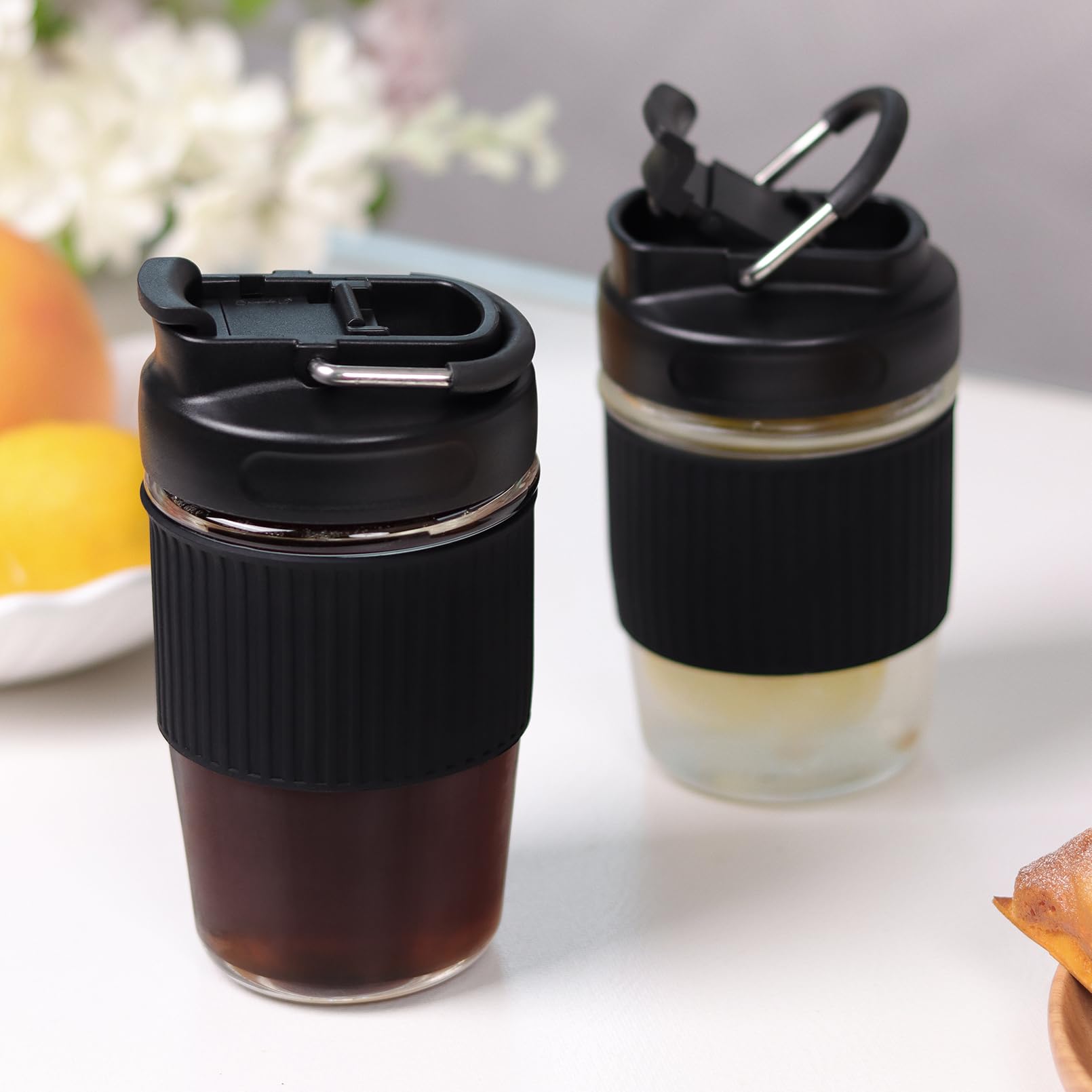 Sivaphe Reusable Glass Coffee Cup 16 oz, Portable Travel Mug with Spill-Proof Lid and Protect Sleeve for Home Office Black