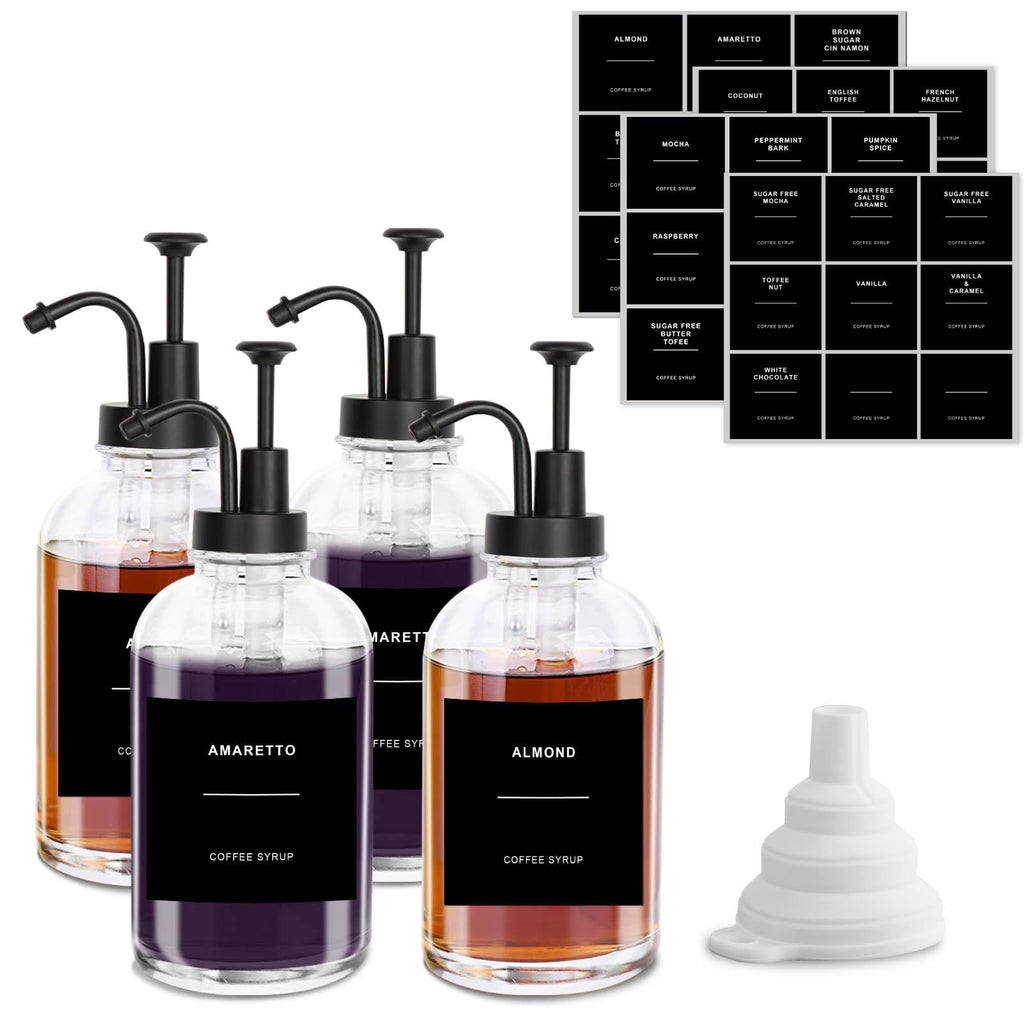Sunal Set of 4 Coffee Syrup Dispenser, 500ml/16.9 oz Glass Pump Bottle With 36 Waterproof Labels and Funnel for Kitchen Coffee Bar Accessories