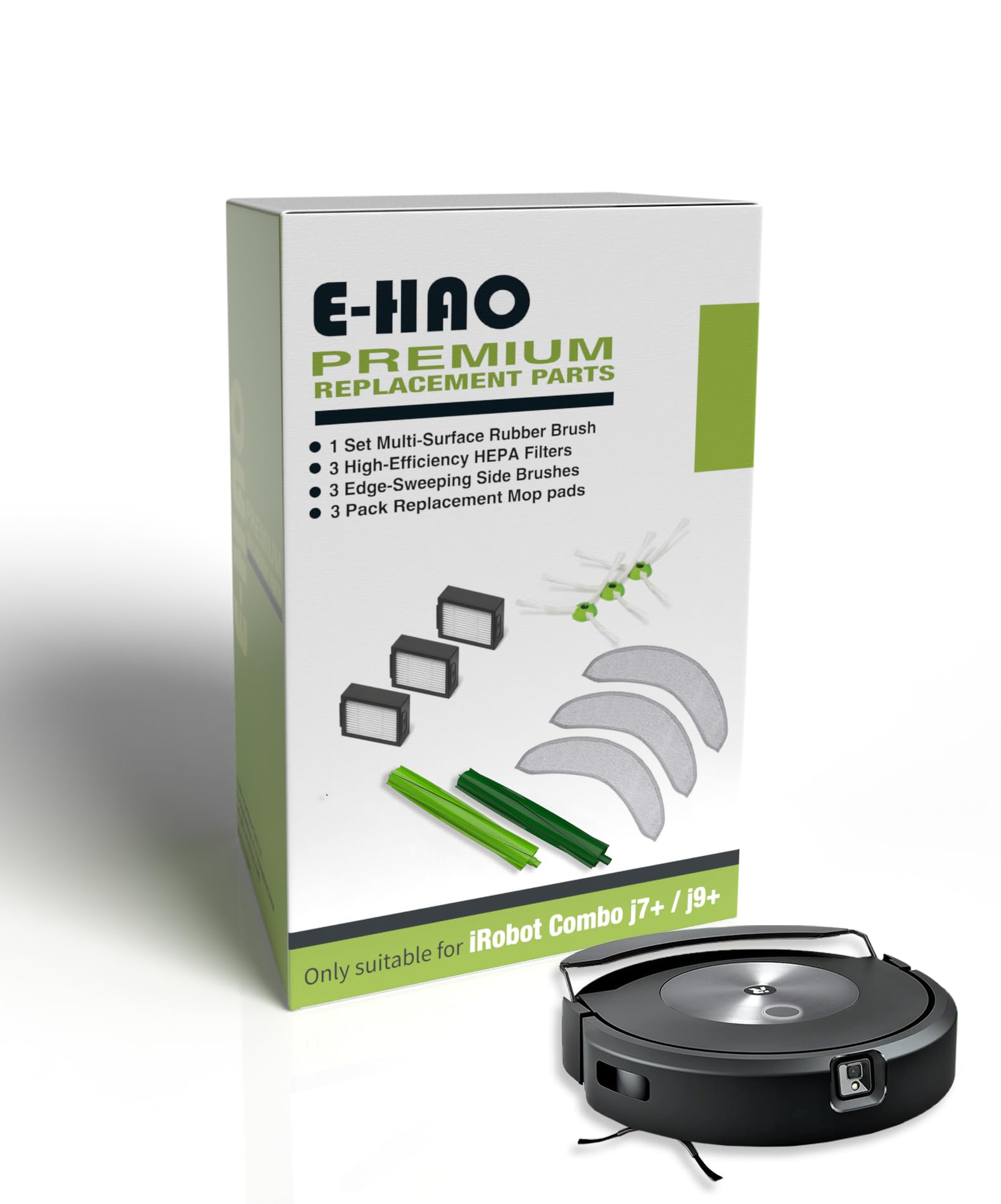 E-HAO Vacuum Replacement Parts for iRobot Roomba Combo j7+, Combo j9+, Combo Max 10. 1 Set Rubber Roller, 3 Mop Pads, 3 HEPA Filters and 3 Side Brushes
