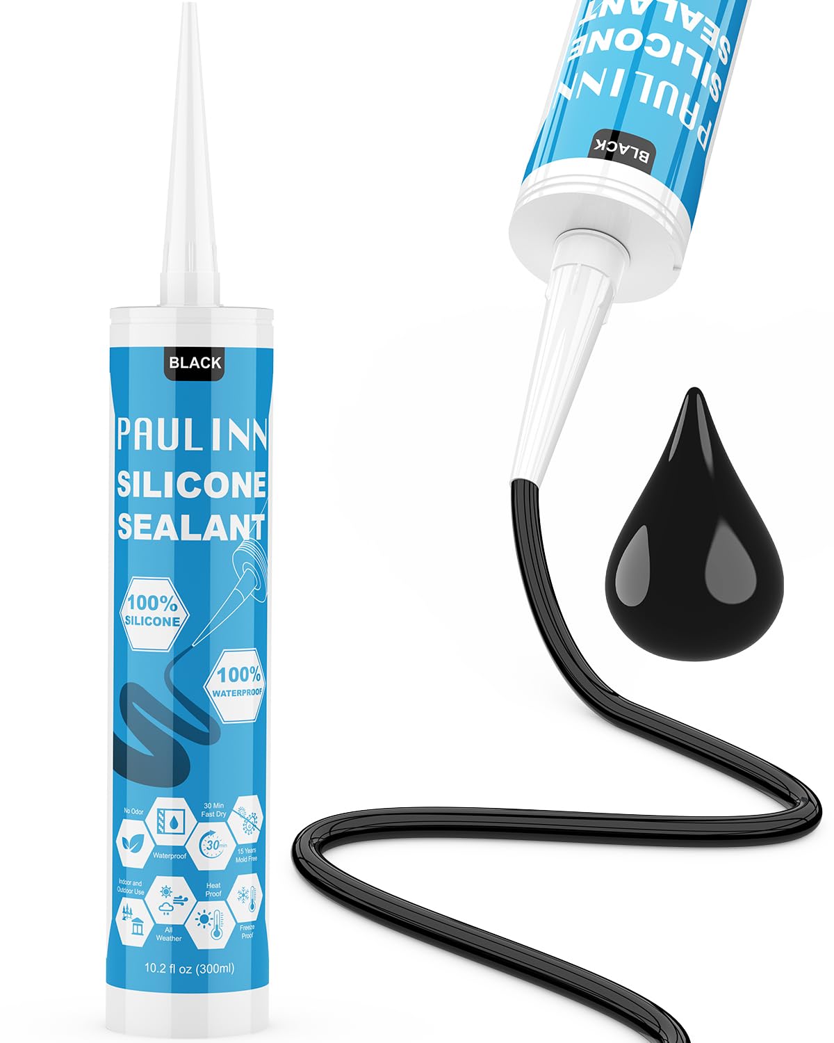 PAULINN Black Silicone Sealant,100% Waterproof Silicone Adhesive Caulk for Rv Marine Home Window Roof Door Kitchen Bathroom Bathtub Shower Auto Leak Seal, 10.2 Oz, 1 Pack