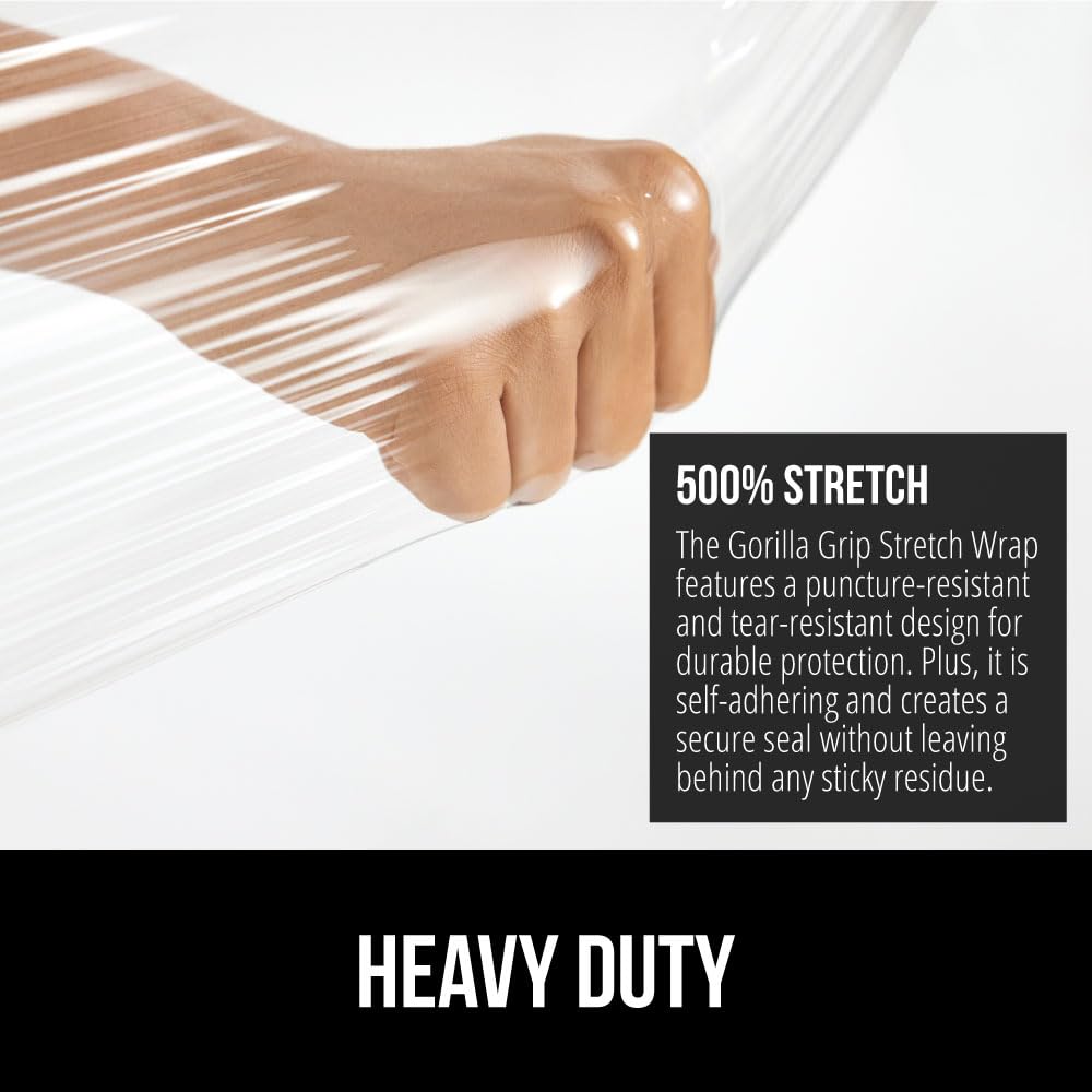 GORILLA GRIP 500% Stretch Film Heavy Duty Plastic, 500ft Shrink Wrap Roll 10" Puncture Resistant, Industrial Strength for Shipping, Pallet Storing, Moving, Packing Furniture Protection 1 Pack Clear