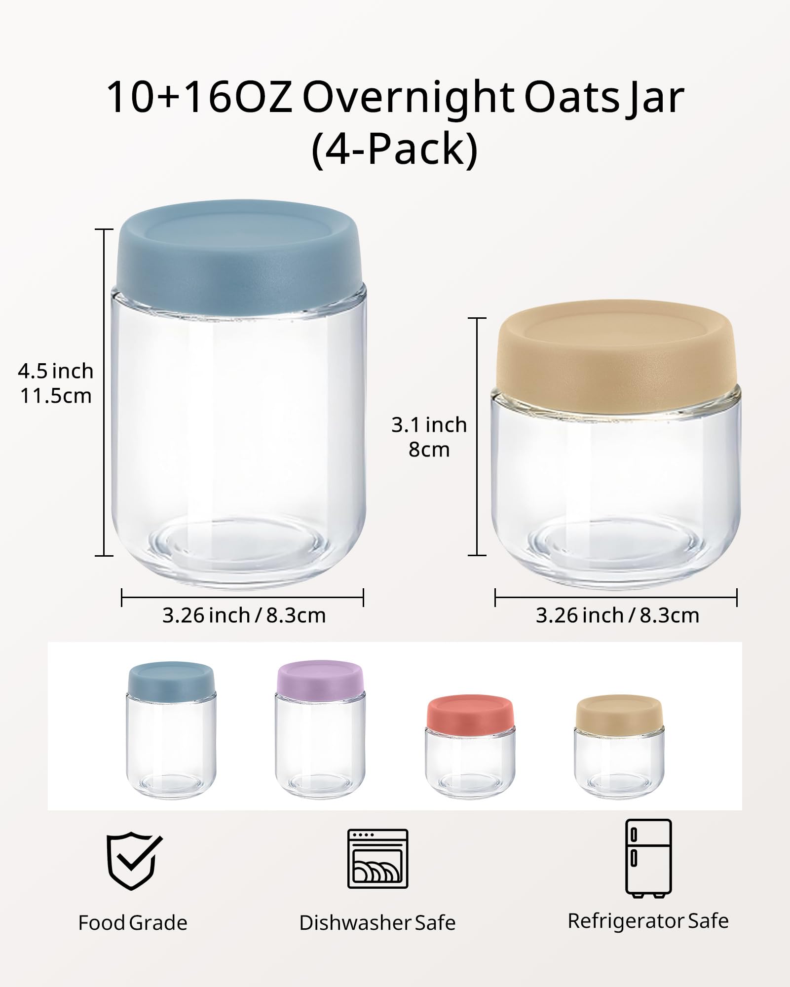 10+16oz Overnight Oats Jar, 4 Pack Overnight Oats Containers with Lids, Leak-Proof Reusable Wide Mouth Mason Jars Glass Jar for Yogurt Fruit, Salad Lunch, Snack, Cereal, Food Storage