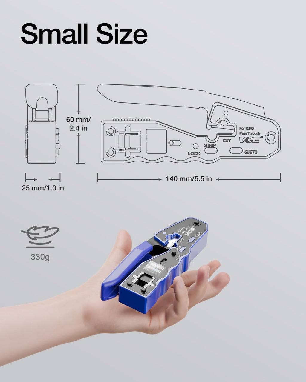 VCE RJ45 Crimper Pass Through, Ethernet Crimping Tool for Cat6 Cat7 Cat5 End Pass-Thru Connector, Support Stripping & Cutting