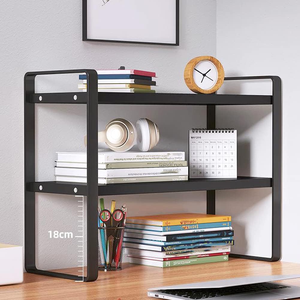 Desktop Organizer Shelf, 2 Tiers Desktop Storage Shelf, Desk Shelf Storage Rack, Metal and Wooden Desktop Countertop Bookshelf, Small Display Shelf for Office, Kitchen, Bedroom, Bathroom, Dorm (White)