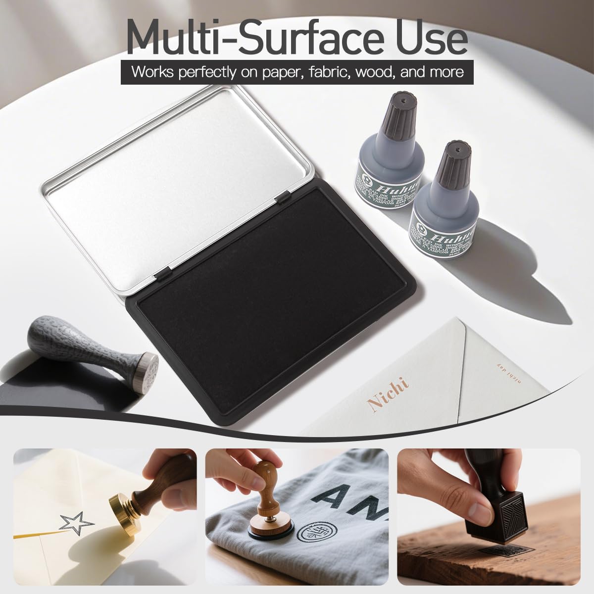 Melispapa Large Black Stamp Ink Pad Set - 1 Black Stamp Pad & 2 Ink-Refills (2 oz, Black), 6.2" x 3.9" Large Black Ink Pad for Rubber Stamps, Non-Toxic, Washable, Waterproof & Permanent Felt Pad