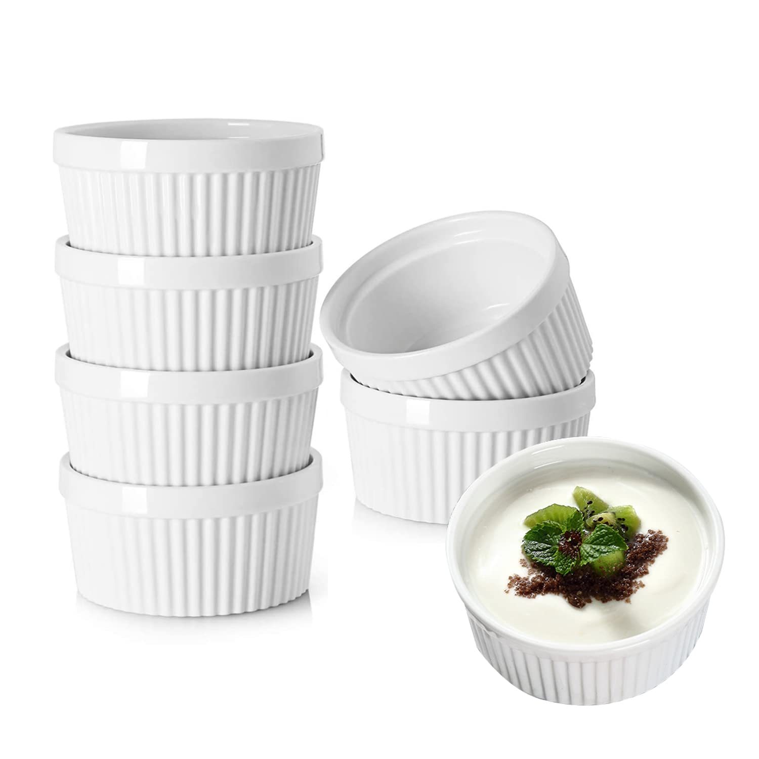 BPFY Set of 6 4 oz White Porcelain Ramekins Bakeware, Ceramic Souffle Dishes, Baking Cups for Custards, Pudding, Creme Brulee, French Onion Soup Bowls