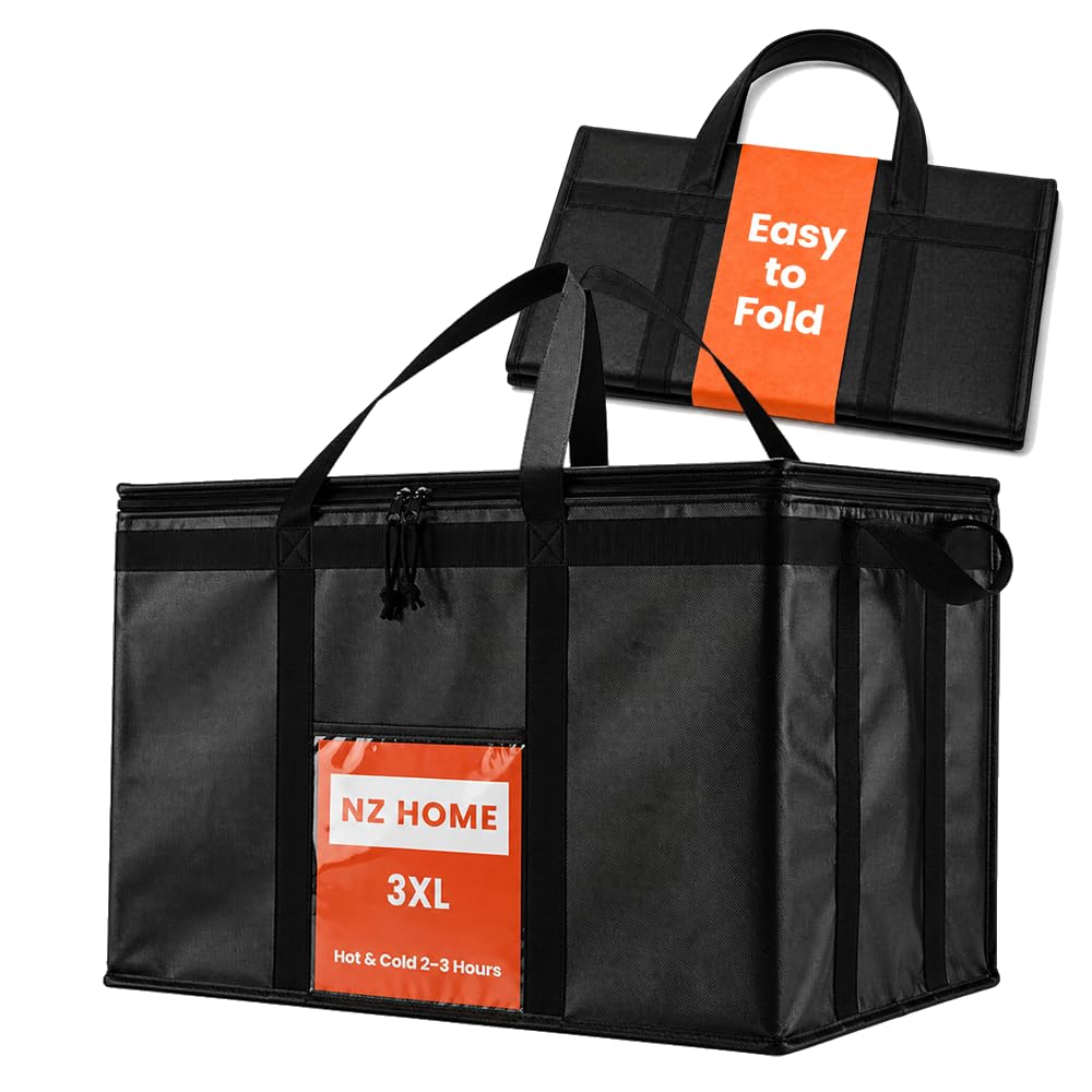 NZ Home Insulated Food Delivery Bag (3XL) Grocery Cooler Bag, Thermal Pizza Delivery & Catering Tote, Heavy Duty & Foldable Food Carrier (Black)