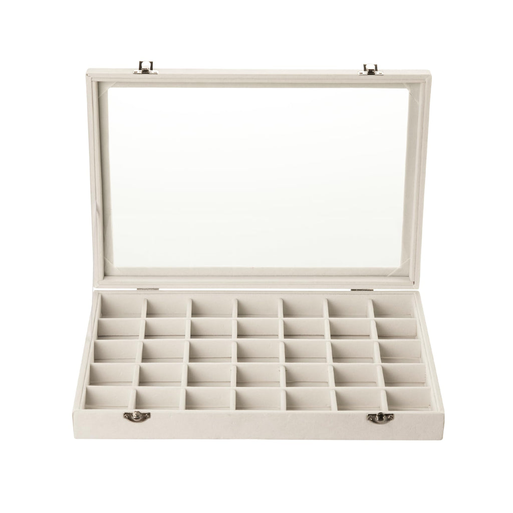 Frebeauty Velvet Jewelry Tray 35 Grid Jewelry Organizer with Clear Lid Transparent Earring Organizer Holder Case with Clasp Drawer Insert for Rings Studs Gift for Women Girls(Beige 35 Grid)