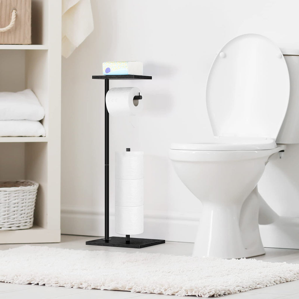 YBING Toilet Paper Holder Stand with Top Storage Shelf Black Toilet Roll Paper Holder Free Standing Tissue Holder Stand Bathroom Standing Toilet Roll Dispenser Storage Wood