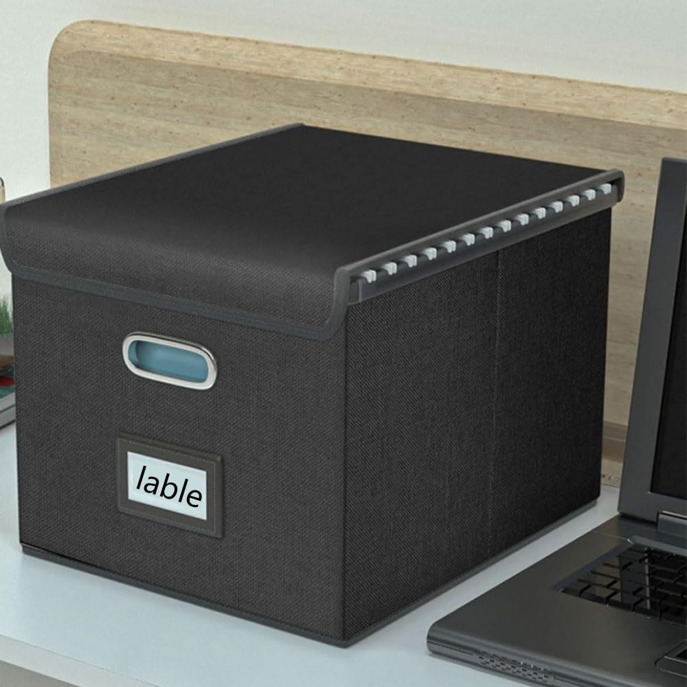 Portable File Organizer Box with Lid,File Management Box,Foldable Linen Hanging File Storage Box With Plastic Slide Rail,Durable Office/Home/School Box,Filling System for Folders Storage