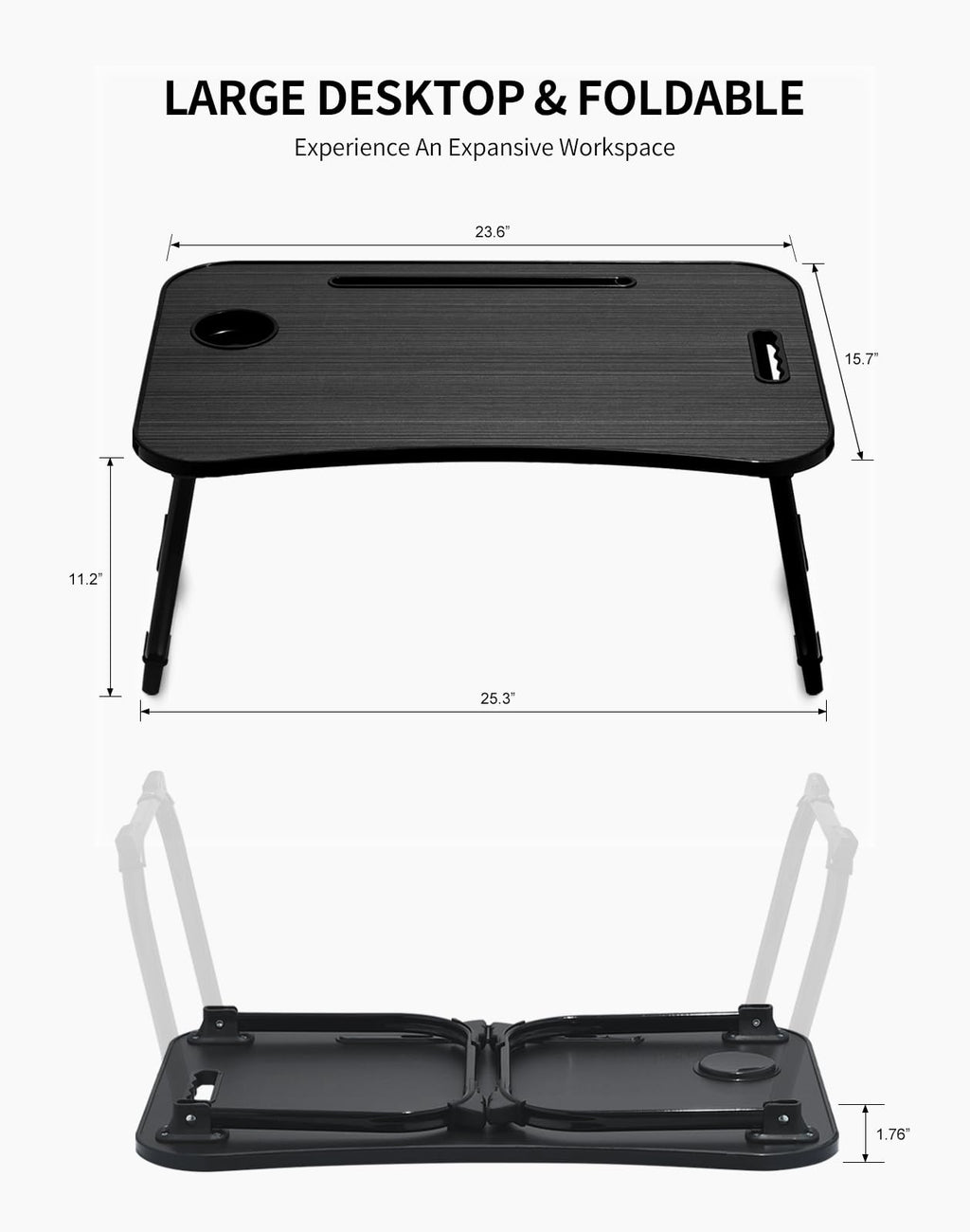 ZEAPTAC Laptop Bed Desk, Foldable Lap Desk, Portable Lap Table, Laptop Stand with Cup Holder & Tablet Slot & Lifting Handle for Working Writing Drawing & Eating - Dark Black