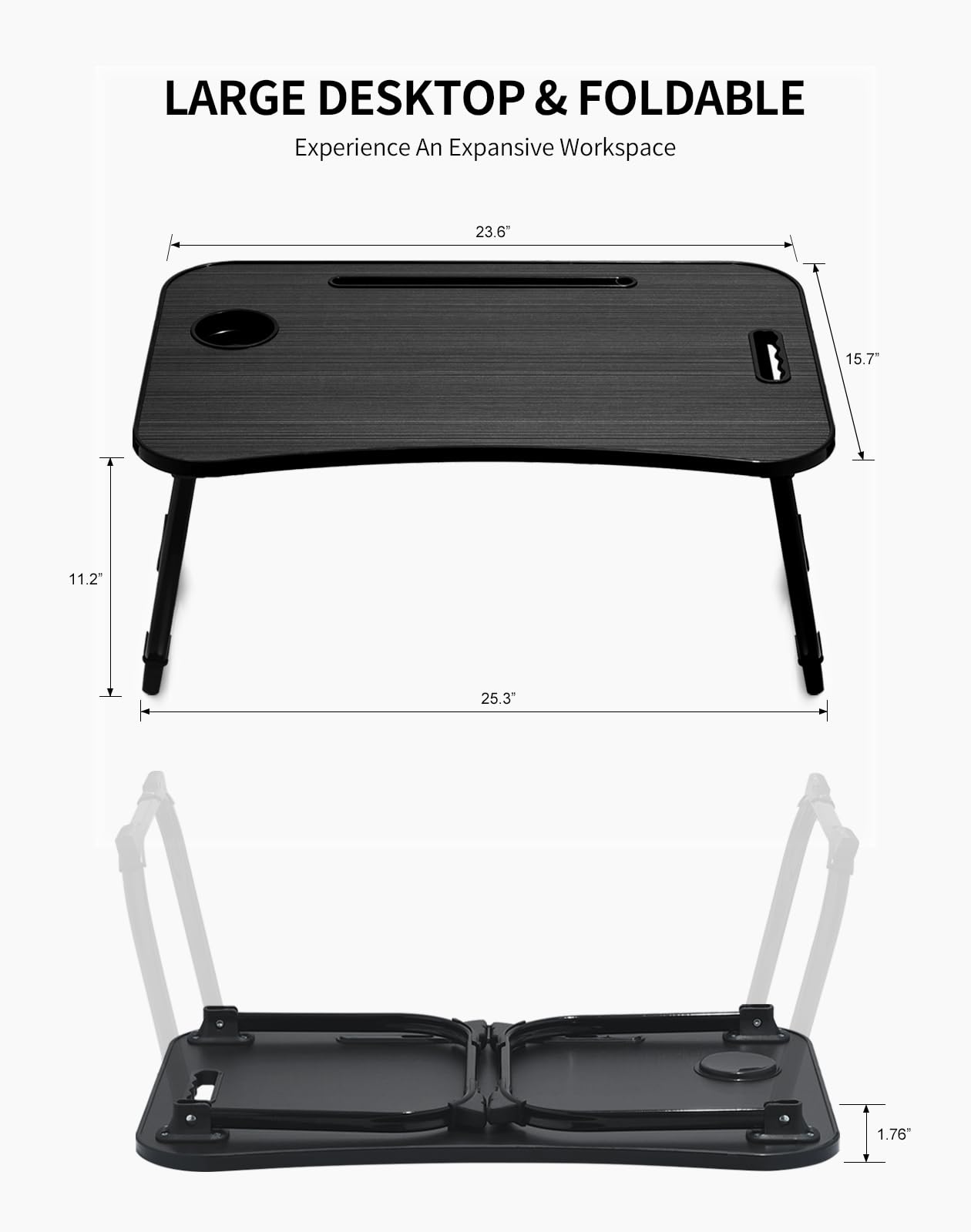 ZEAPTAC Laptop Bed Desk, Foldable Lap Desk, Portable Lap Table, Laptop Stand with Cup Holder & Tablet Slot & Lifting Handle for Working Writing Drawing & Eating - Dark Black