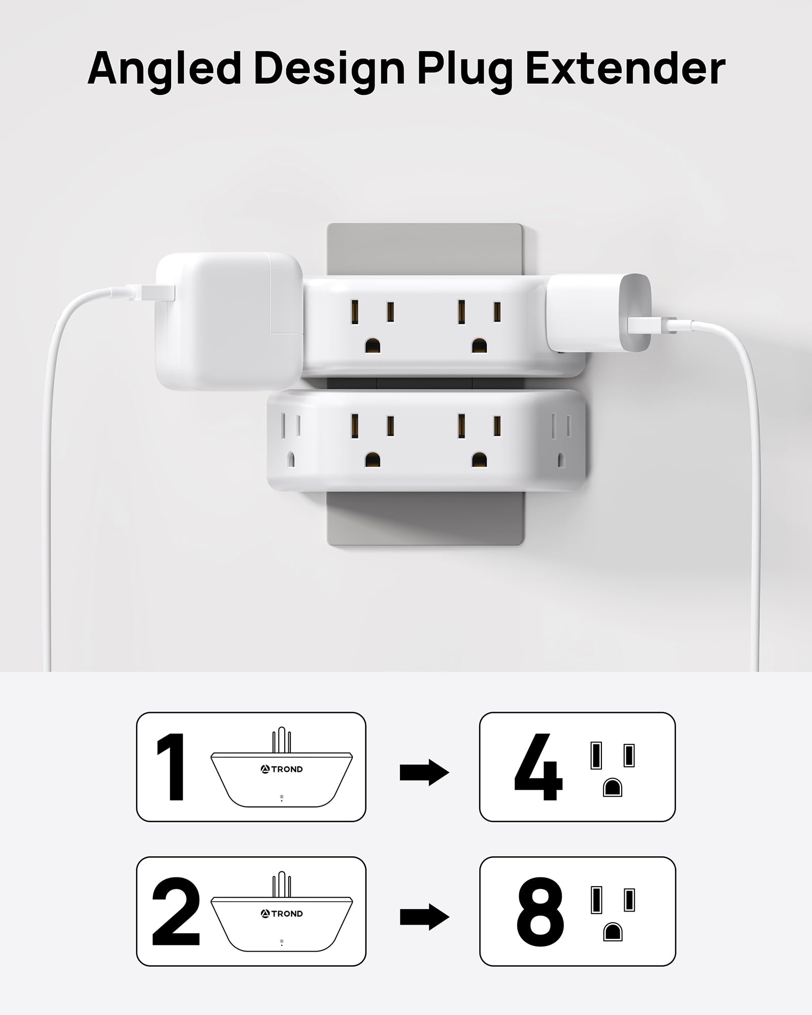TROND 2 Pack Multi Plug Outlet Extender with Surge Protector, 3 Way Angled Wall Adapter with 4 Outlets, Electrical Wall Splitter, Multiple Plug Expander for Home Office Dorm Room Hotel Travel, White