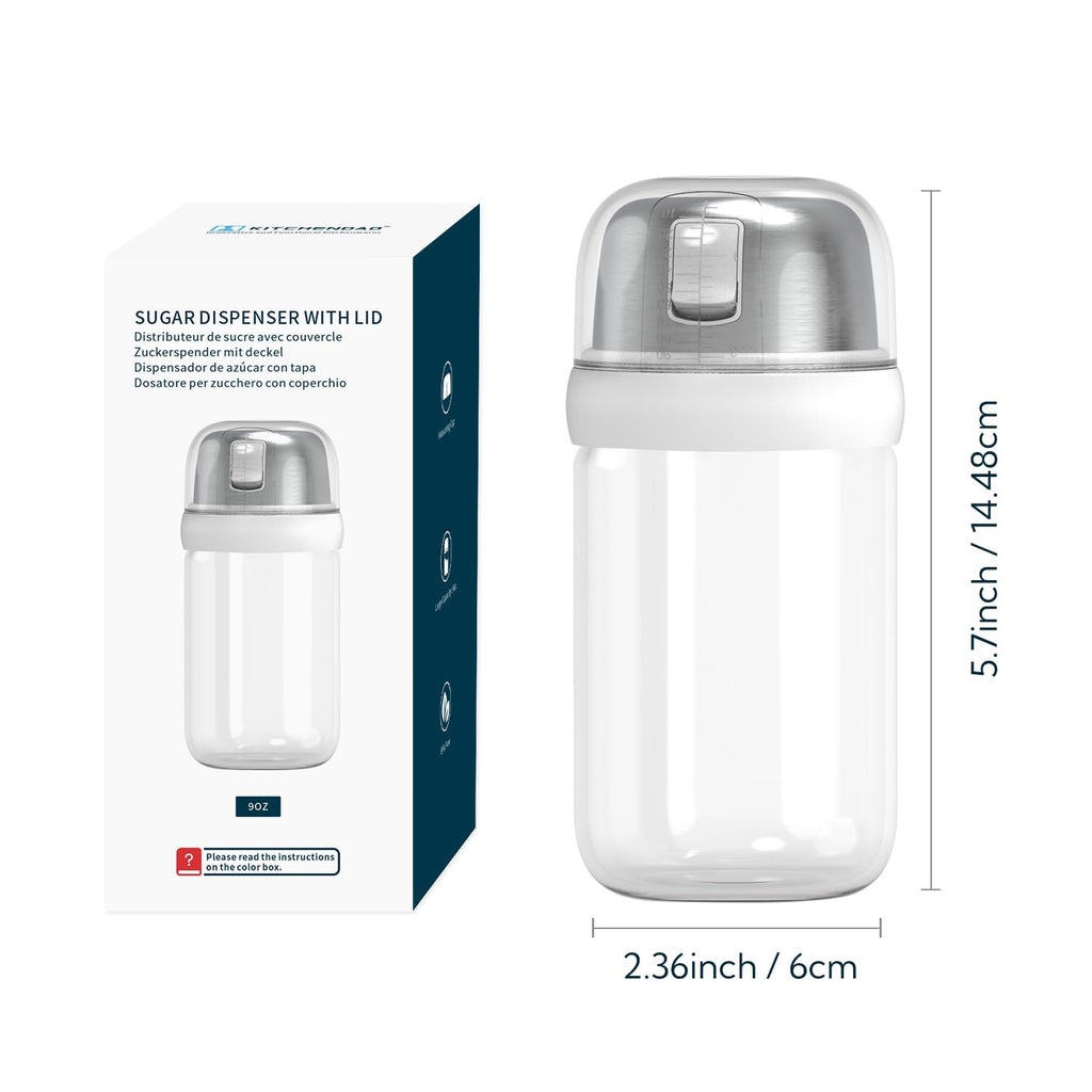 KITCHENDAO Glass Sugar Dispenser with Side Pour Spout,Built-in Lid to Slow Down Dampness with Mearsuring Marks, Elegant Borosilicate Glass Sugar Shaker,BPA Free,9oz (White)