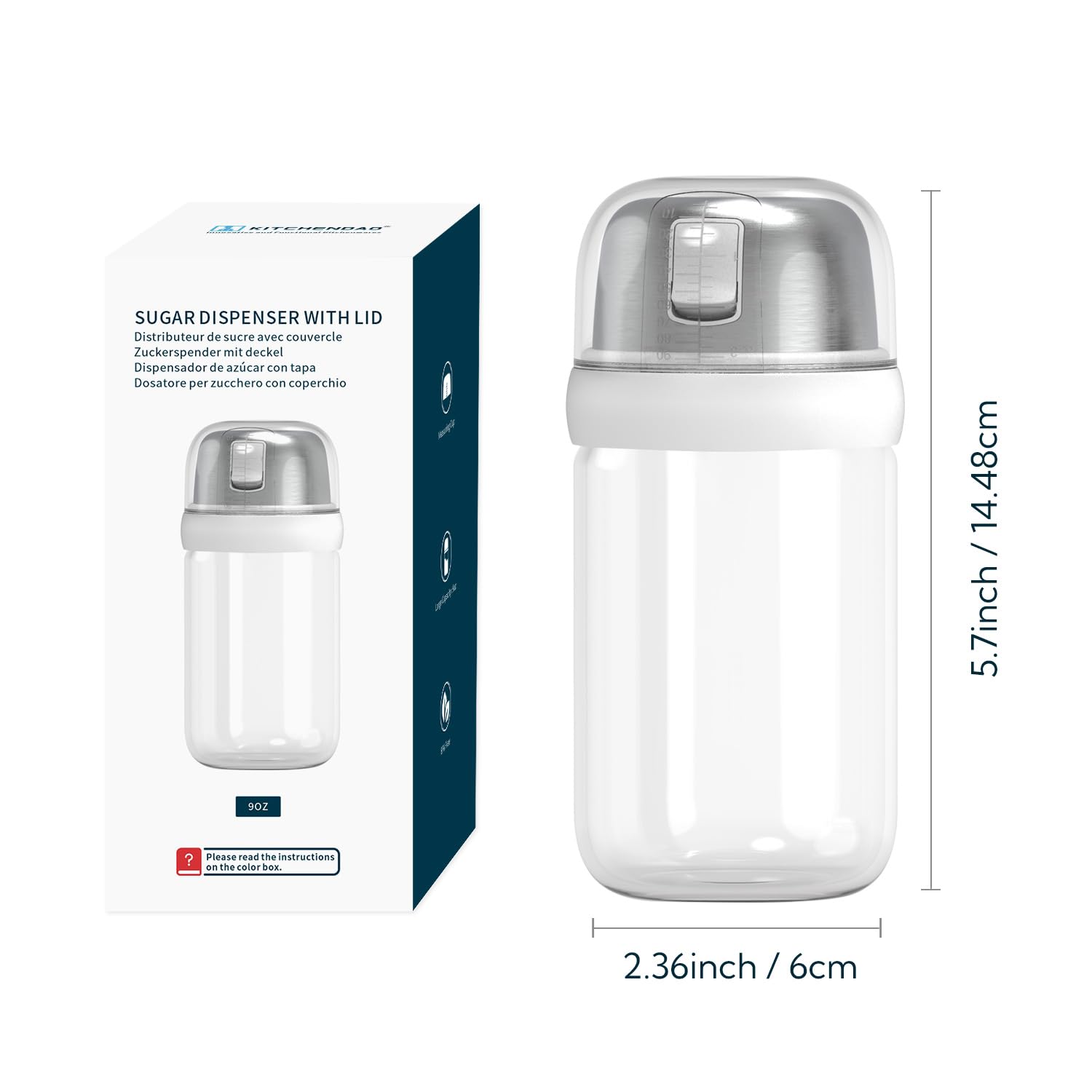 KITCHENDAO Glass Sugar Dispenser with Side Pour Spout,Built-in Lid to Slow Down Dampness with Mearsuring Marks, Elegant Borosilicate Glass Sugar Shaker,BPA Free,9oz (White)