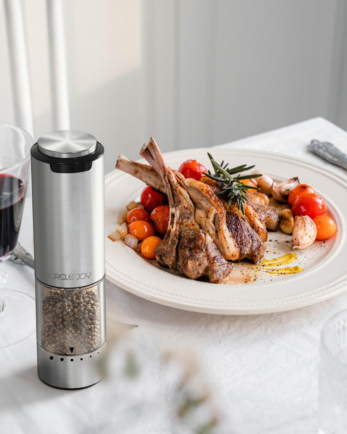 CIRCLE JOY Electric Pepper Grinder Stainless Steel Rechargeable Pepper Mill Grinder with External Adjustable Coarseness, White LED Light, USB Cable