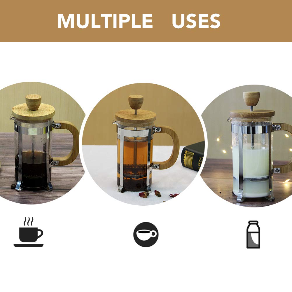 Sivaphe French Press High Borosilicate Carafe Durable Bamboo Handle Portable Brewer Small Coffee/Tea Maker 12oz