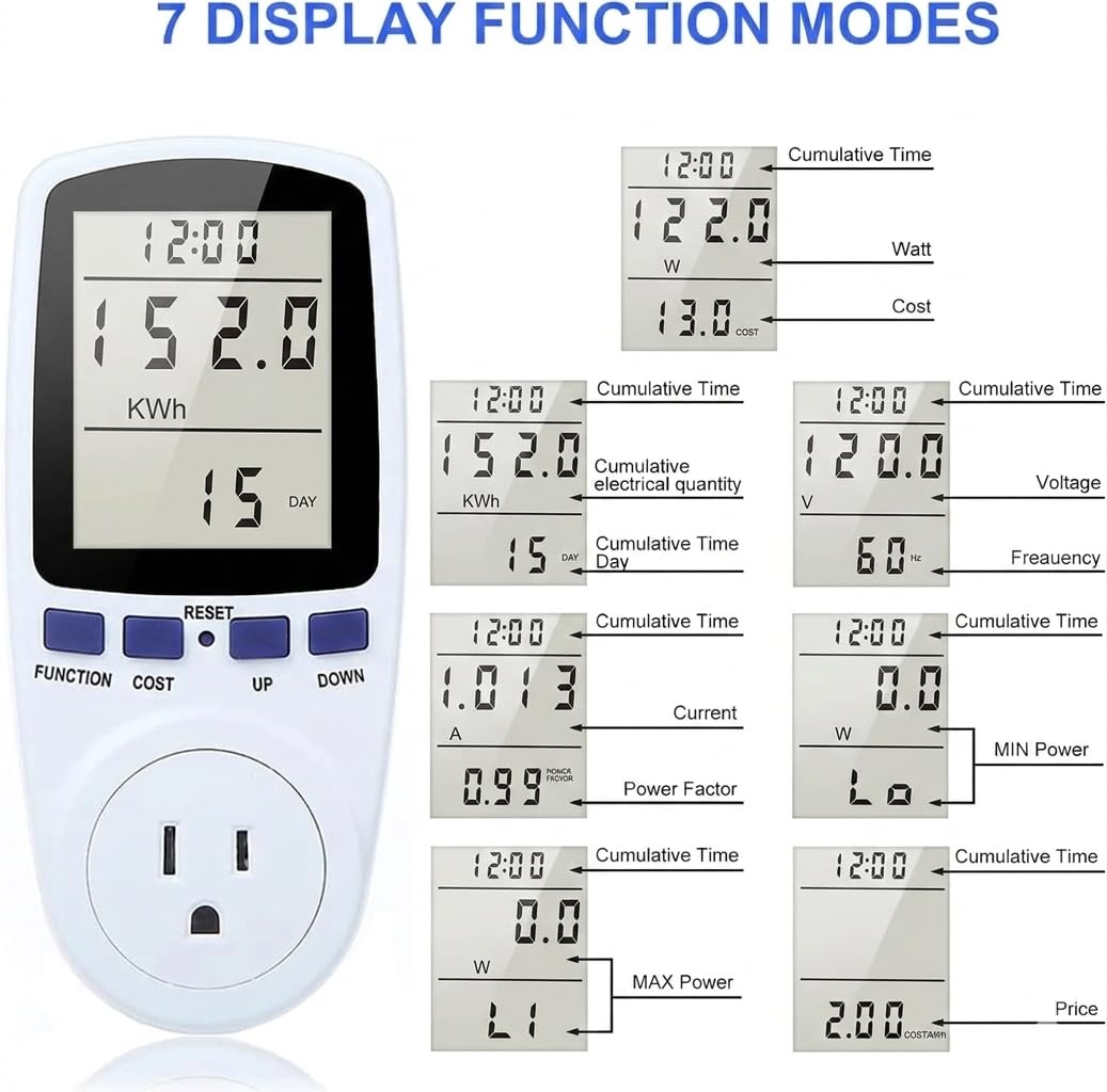 Stanz (TM) Plug Power Meter Monitor Energy Watt Voltage Amps Meter with Electricity Usage Monitor Max 15A 1800W
