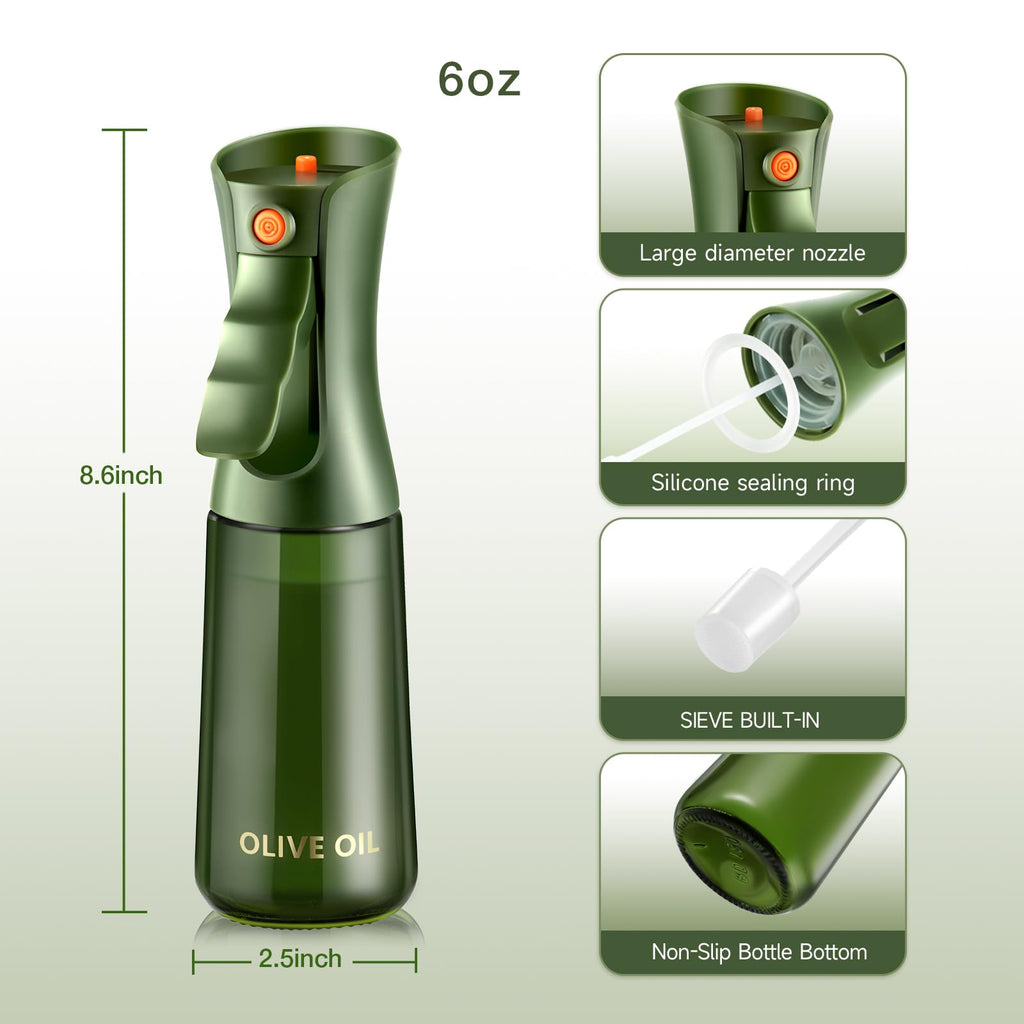 hoforife Glass Olive Oil Sprayer for Cooking, Oil Mister Continuous Cooking Spray with Portion Control for Kitchen 225ml/7.6 oz (Olive Green Bottle)