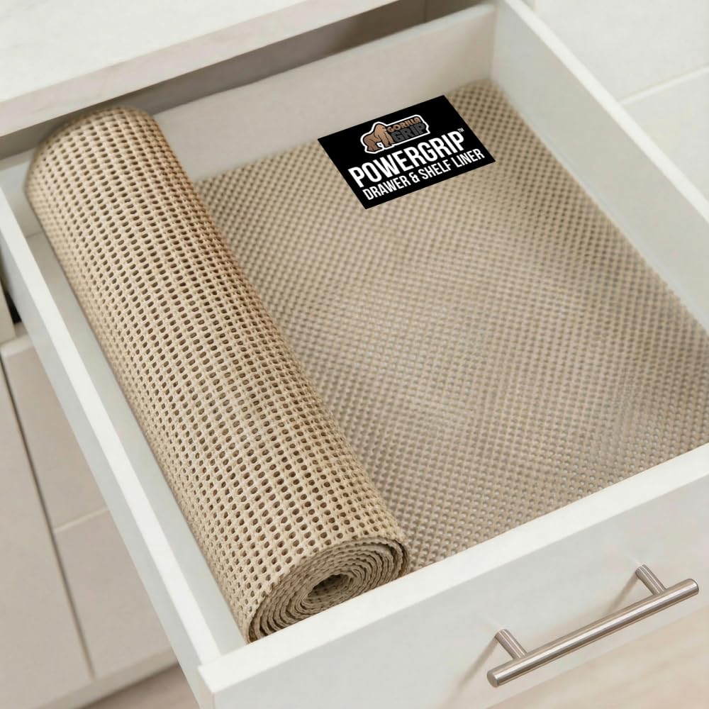 GORILLA GRIP Drawer and Shelf Liner, Strong Grip, Non Adhesive Easiest Install Mat, 12 in x 20 FT, Durable Organization Liners, Kitchen Cabinets Drawers Cupboards, Bathroom Storage Shelves, Beige