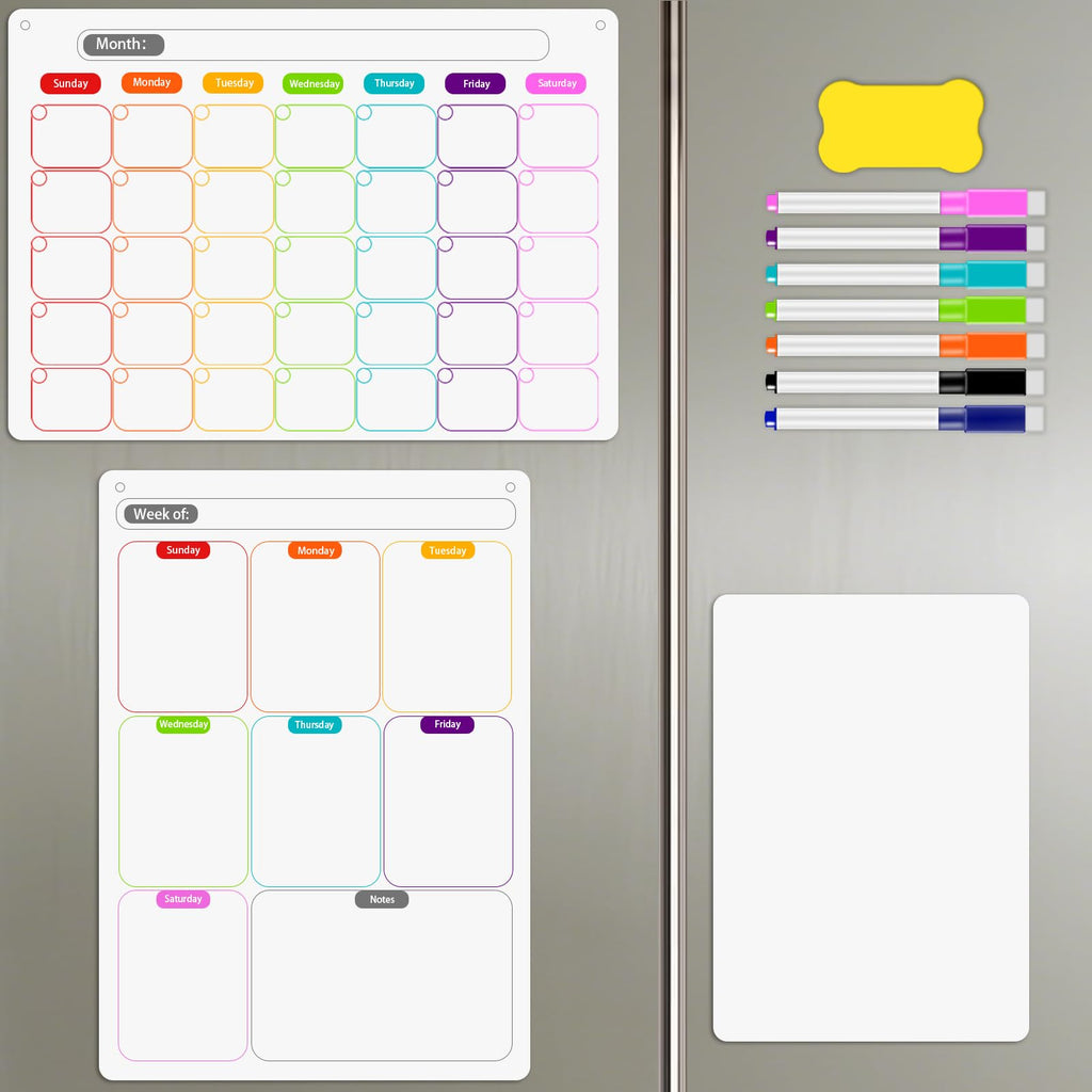 Magnetic Dry Erase Calendar Whiteboard Set (3-Pack) – 1 Monthly Planner 1 Weekly Planner and 1 Whiteboard with 7 Markers & Eraser for Fridge, Wall and Home Organization