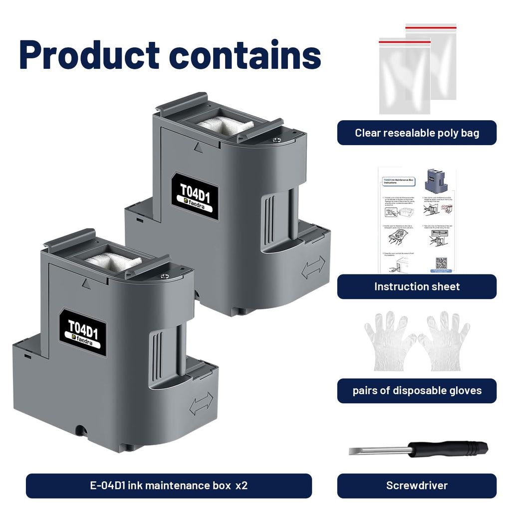 Faedra T04D1 Ink Maintenance Box (2Pack) for ET-15000 ET-3750 ET-3760 ET-4750 ET-4760 ET-3850 ET-4850 WF-2860 XP-5100 ET-3710 ET-5150 ET-3830 ST-M1000 ST-3000 ET-M2170 Maintenance T04D100/EWMB2/E-04D1