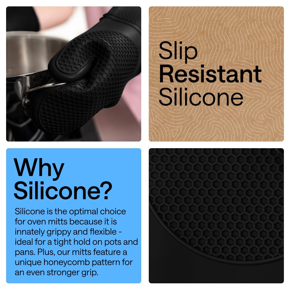 GORILLA GRIP Heat Resistant Silicone Oven Mitts Set, Soft Quilted Lining, Extra Long, Waterproof Flexible Gloves for Cooking and BBQ, Kitchen Mitt Potholders, Easy Clean, Set of 2, Black