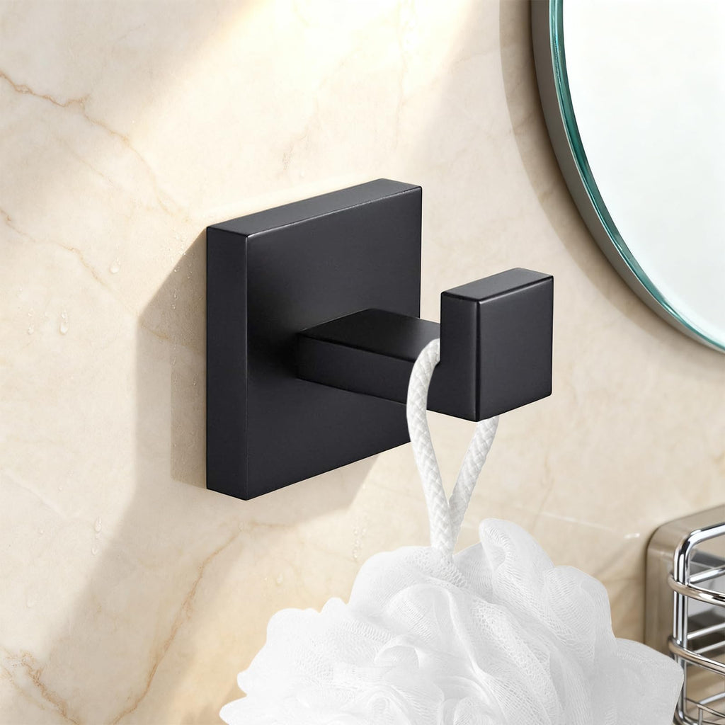 Menbyci 4 Pack Bathroom Towel Hooks, Screw-in Square Matte Black Wall Hooks Robe Hook, Anti-Rust SUS304 Stainless Steel Heavy-Duty Door Hanger Coat Hook, Sturdy for Bathroom/Bedroom/Kitchen/Hotel