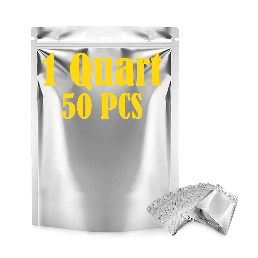 Durimoiy 50 Pack Mylar Bags for Food Storage 1 QUART Thick 9.5 Mil - 7"x10" Resealable Stand-Up Zipper Pouches for Long Term Food Storage - Heat Sealable