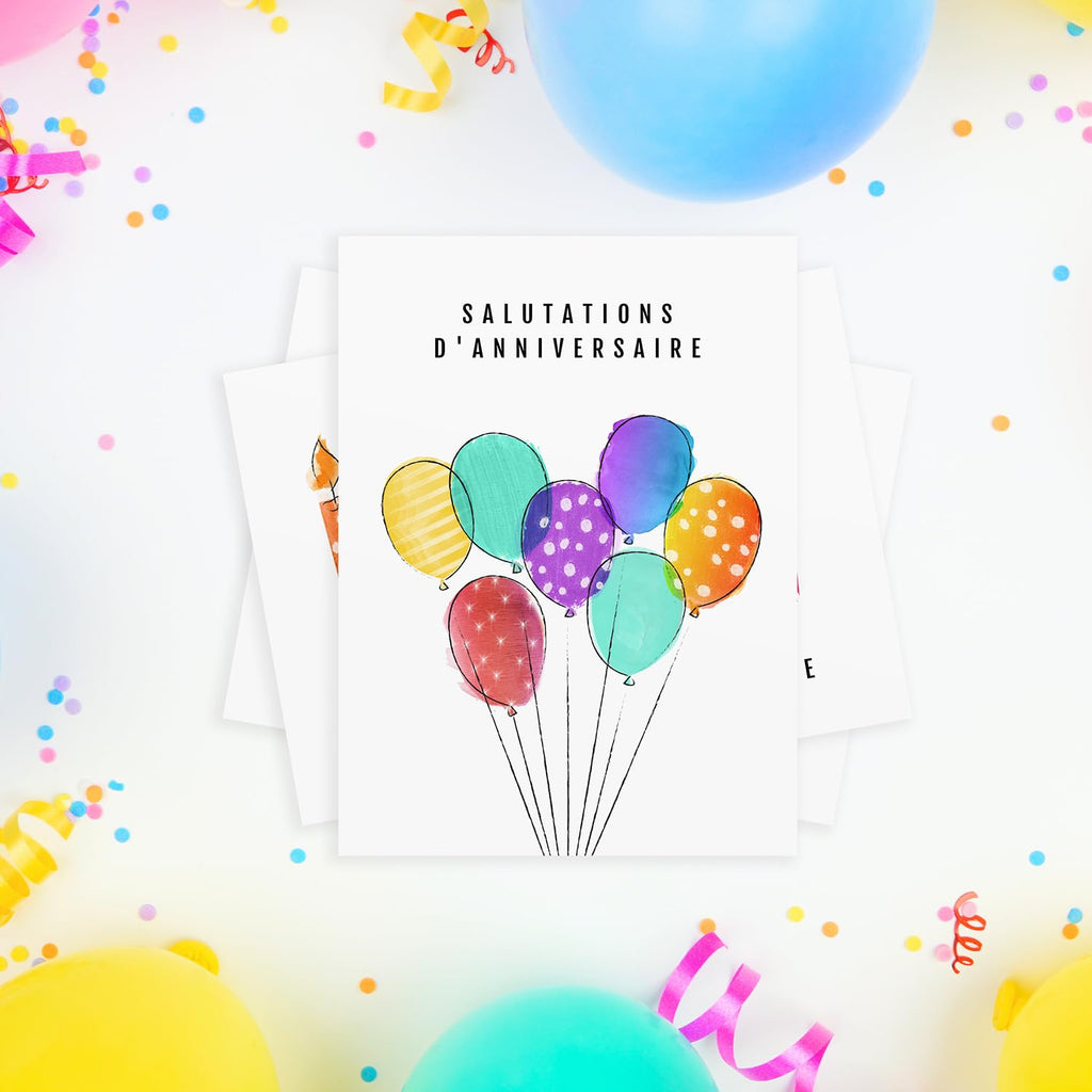 Modern Vibrant Watercolor Style Birthday Card Set / 24 Bright French Canadian Salutations D'anniversaire 4 5/8" x 6 1/4" Greeting Cards With White Envelopes / 6 Colorful Joyeux Anniversaire Designs / Made In Canada