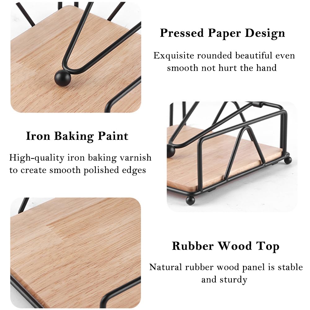 Napkin Holders for Tables, Elegant Flat Cocktail Napkin Holder with Wooden Base, Metal Tabletop Serviette Tray for Kitchen, Countertops, Outdoor Tables (Black)