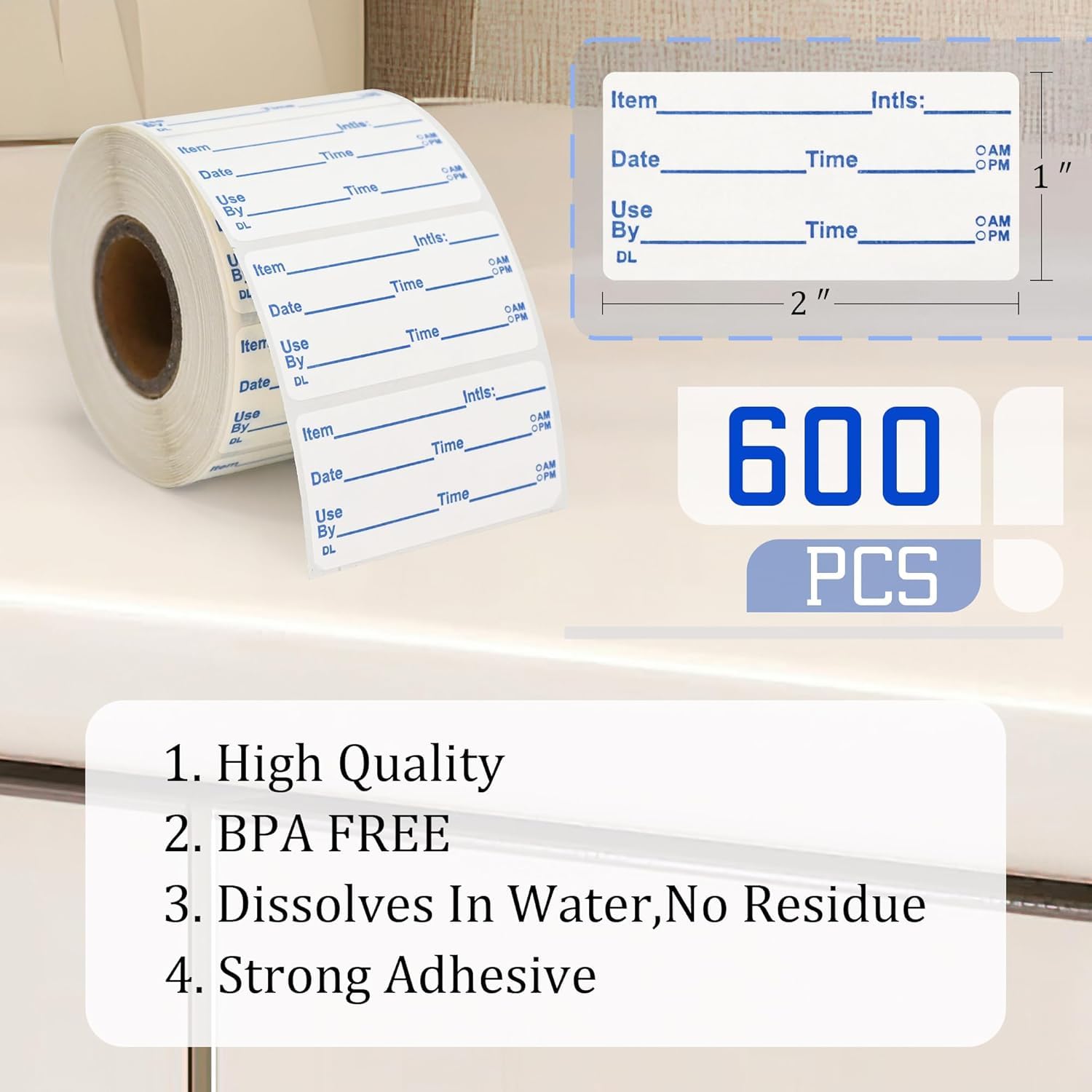 L LIKED 1x2 in Dissolvable Food Labels, 600 Pcs Dissolved Freezer Labels for Food Storage Containers, Canning, Jam Jar, Mason Jars, Blue