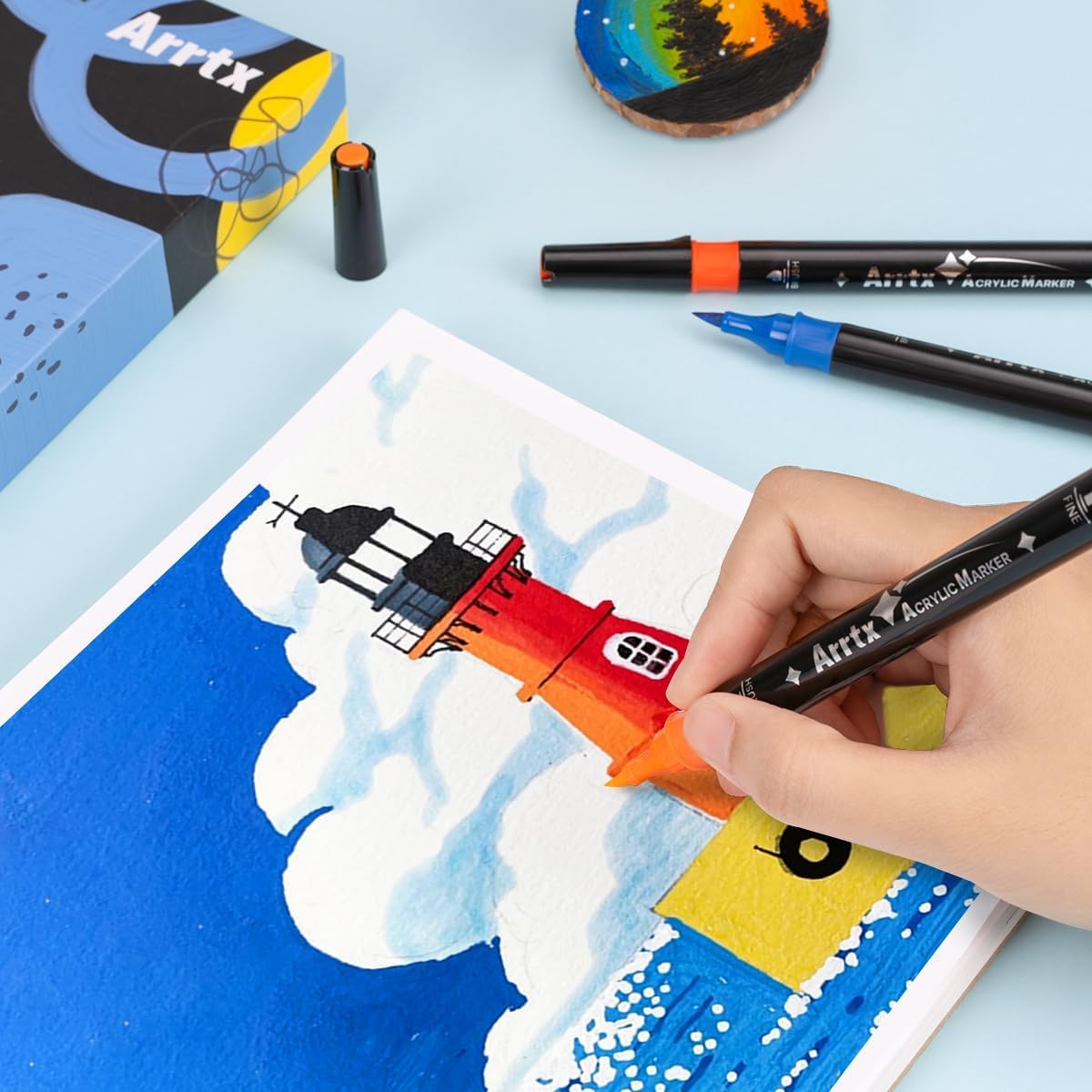 Arrtx Acrylic Paint Pens Markers 32 Colors, Dual Tip Acrylic Markers with Brush Tip and Fine Tip, Art Markers for Rock Painting, Paper, Wood, Canvas, Glass, Ceramic, Stone, DIY Crafts Supplies